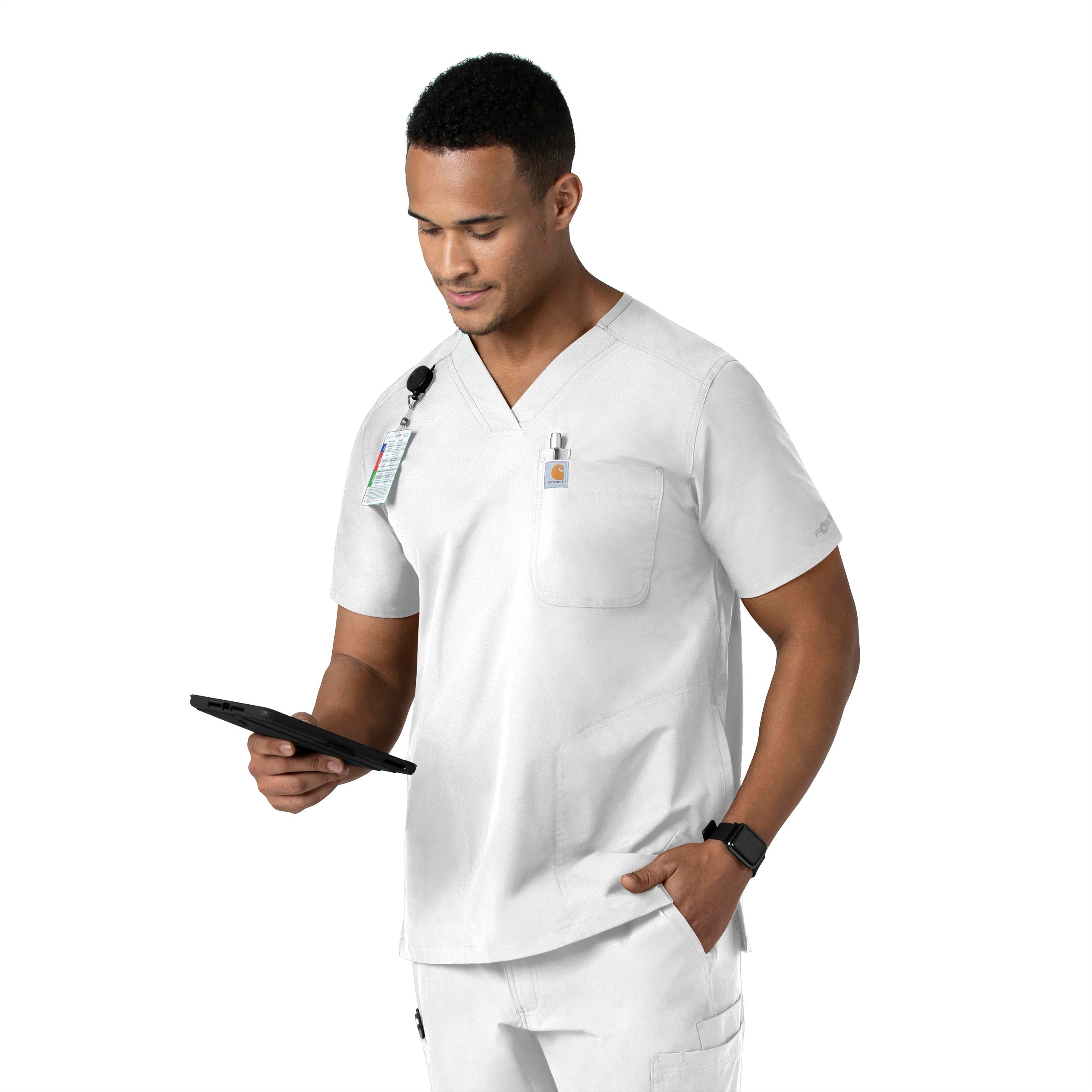 Force Essentials C16113 Men's V-Neck Shirttail Scrub Top White