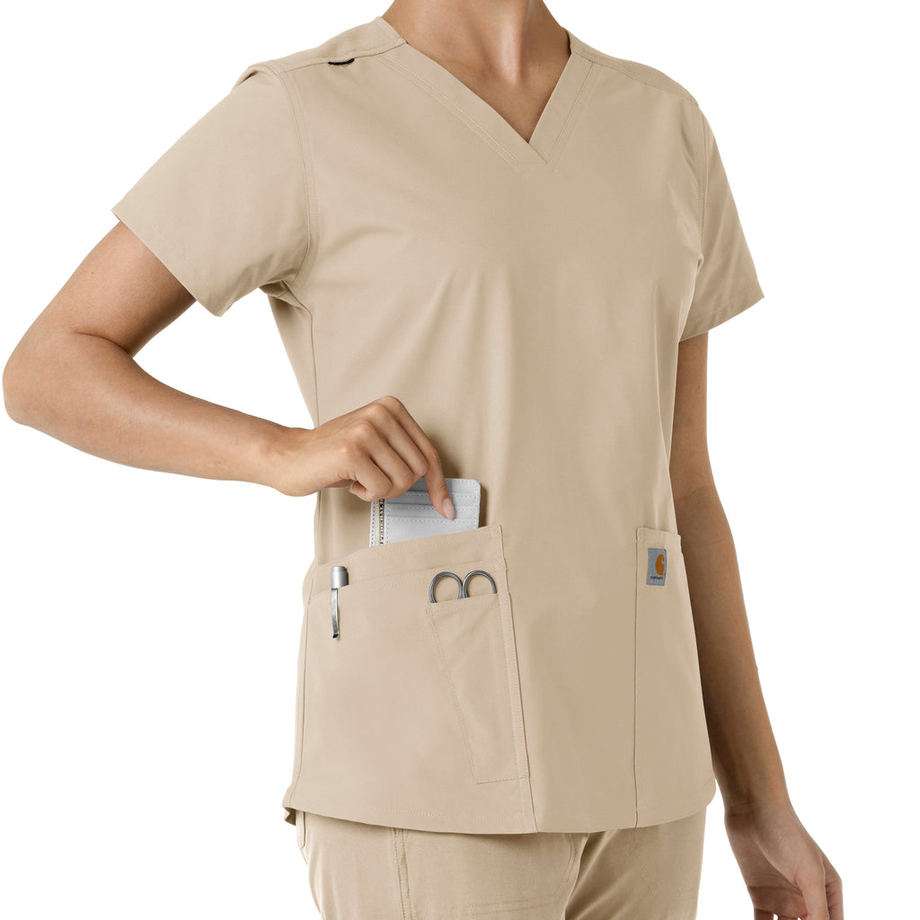 Force Essentials C12313 V-Neck Knit Panel Scrub Top Khaki