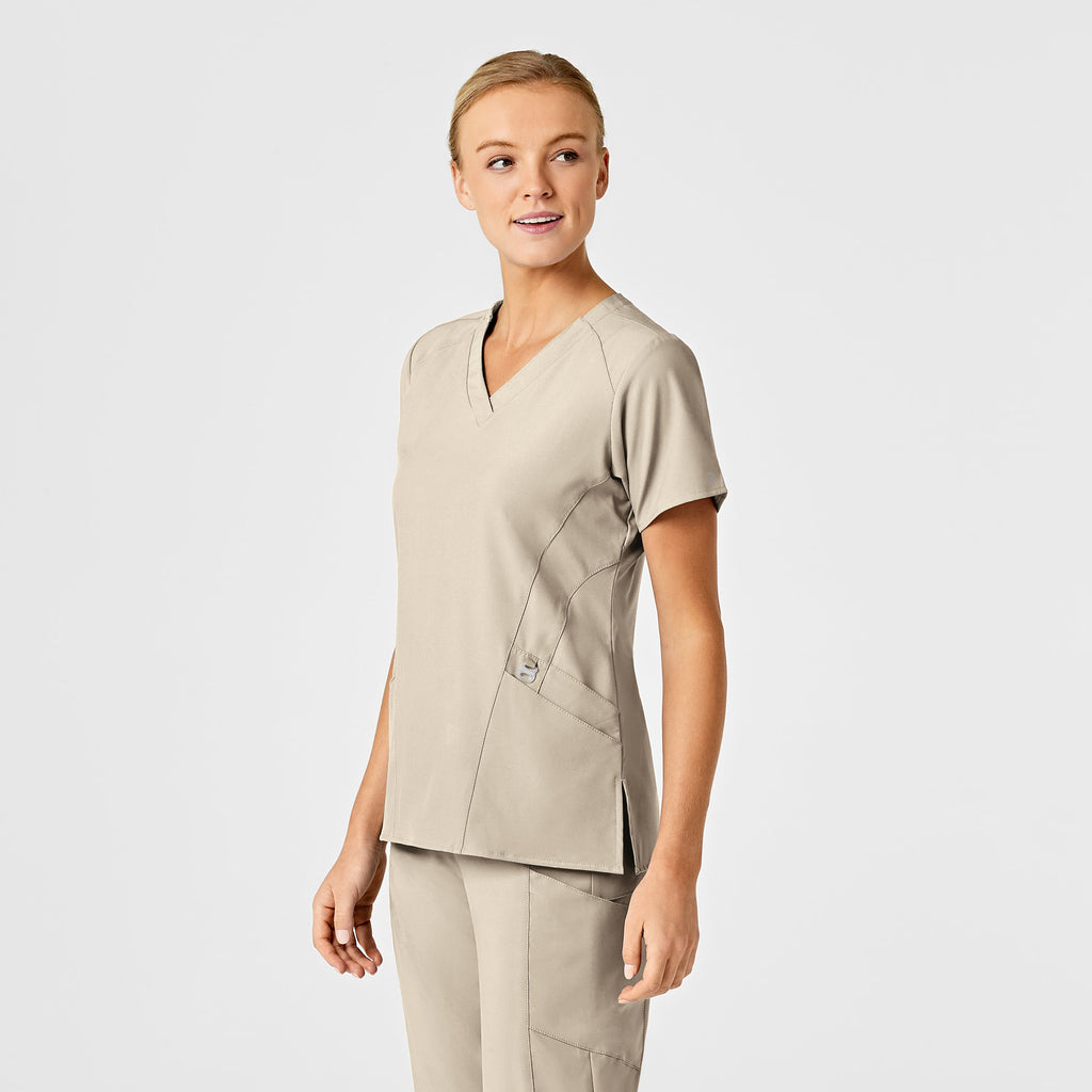 W123 6155 Stylized V-Neck Scrub Top Khaki