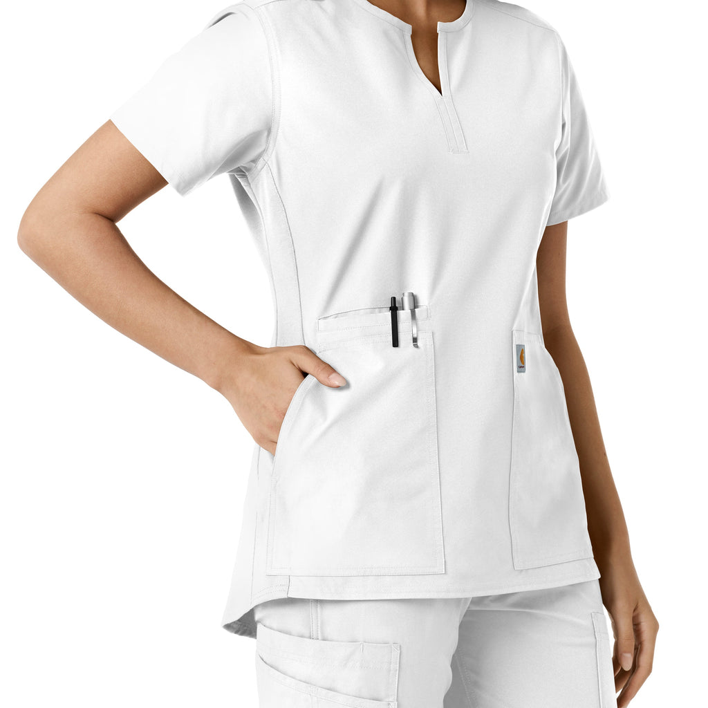 Force Essentials C12413 Notch Neck Tunic Knit Panel Scrub Top White
