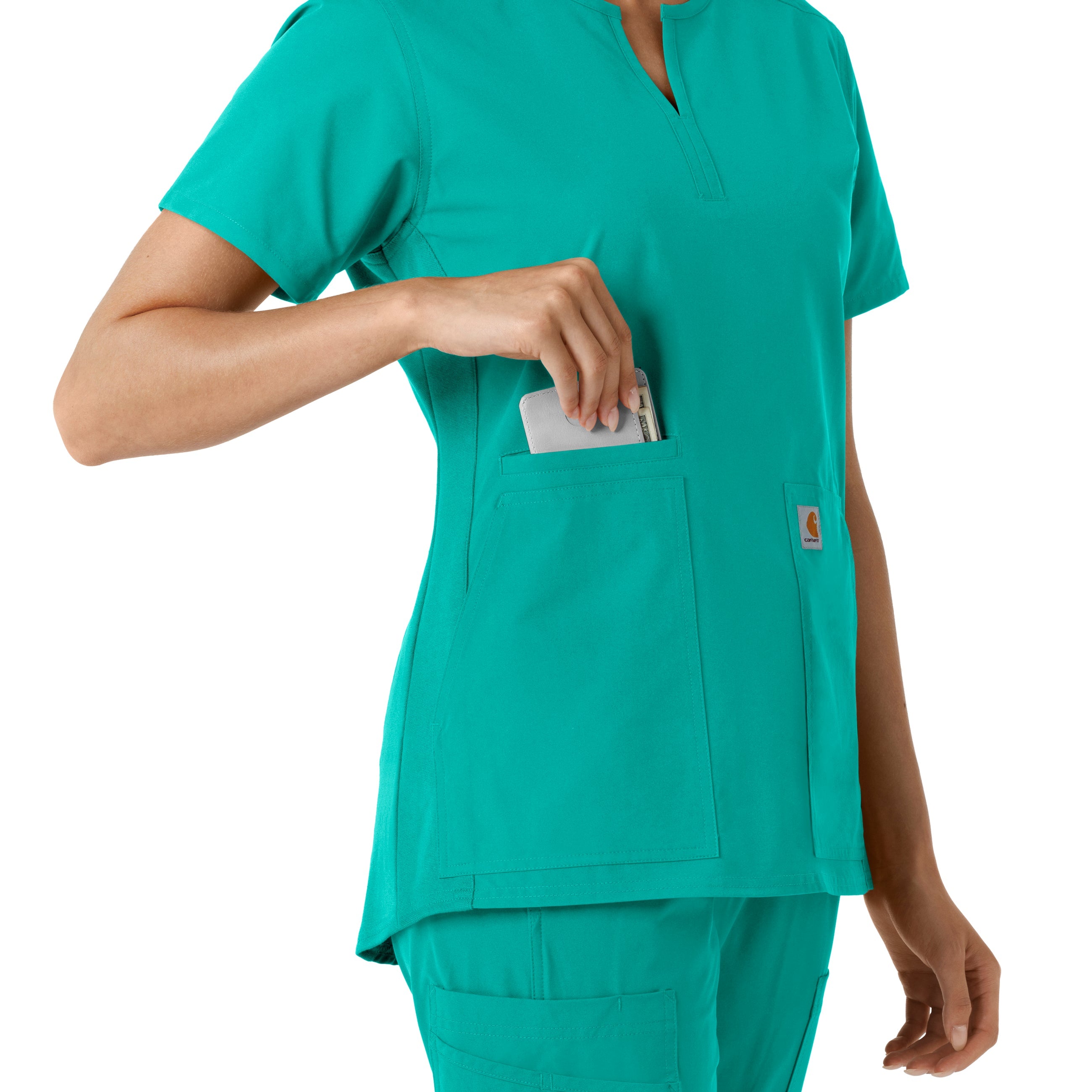 Force Essentials C12413 Notch Neck Tunic Knit Panel Scrub Top Teal