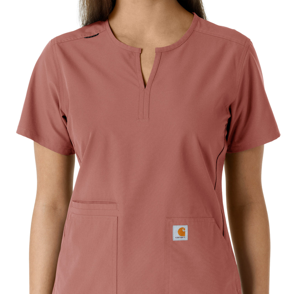 Force Essentials C12413 Notch Neck Tunic Knit Panel Scrub Top Wildrose
