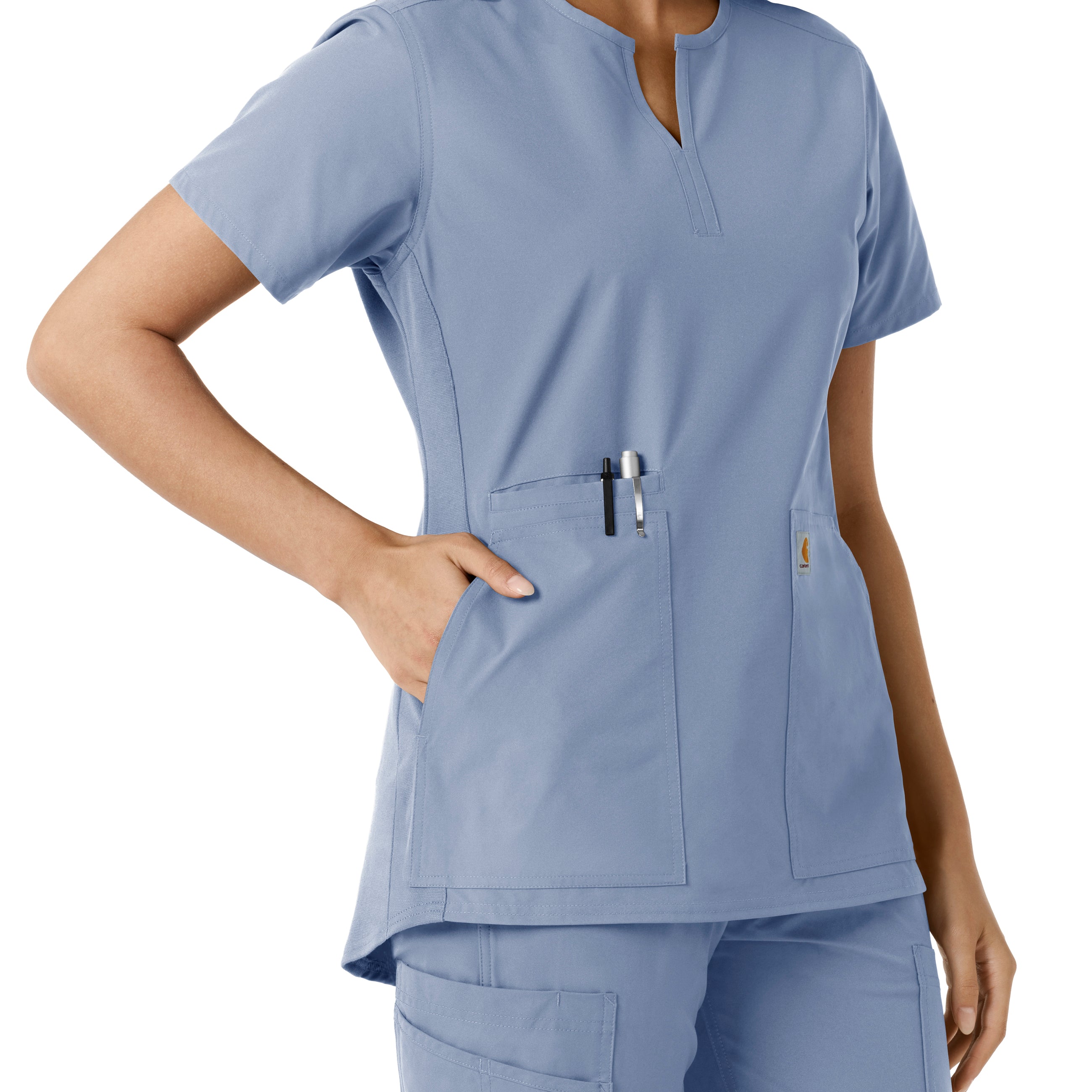 Force Essentials C12413 Notch Neck Tunic Knit Panel Scrub Top Ceil Blue