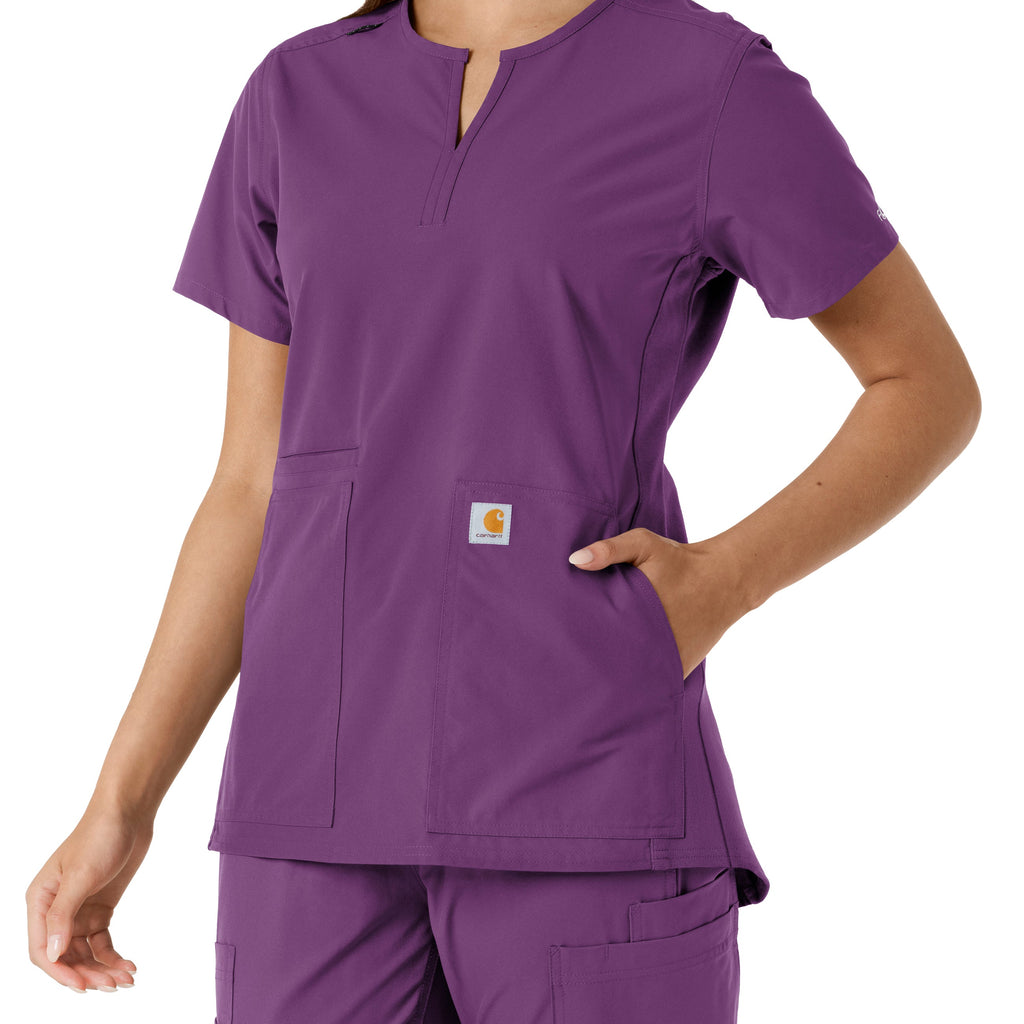 Force Essentials C12413 Notch Neck Tunic Knit Panel Scrub Top Eggplant