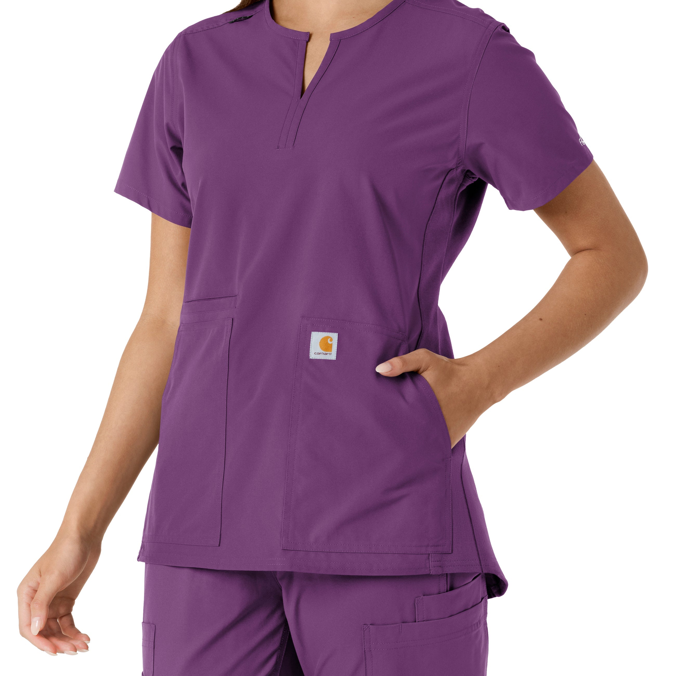 Force Essentials C12413 Notch Neck Tunic Knit Panel Scrub Top Eggplant