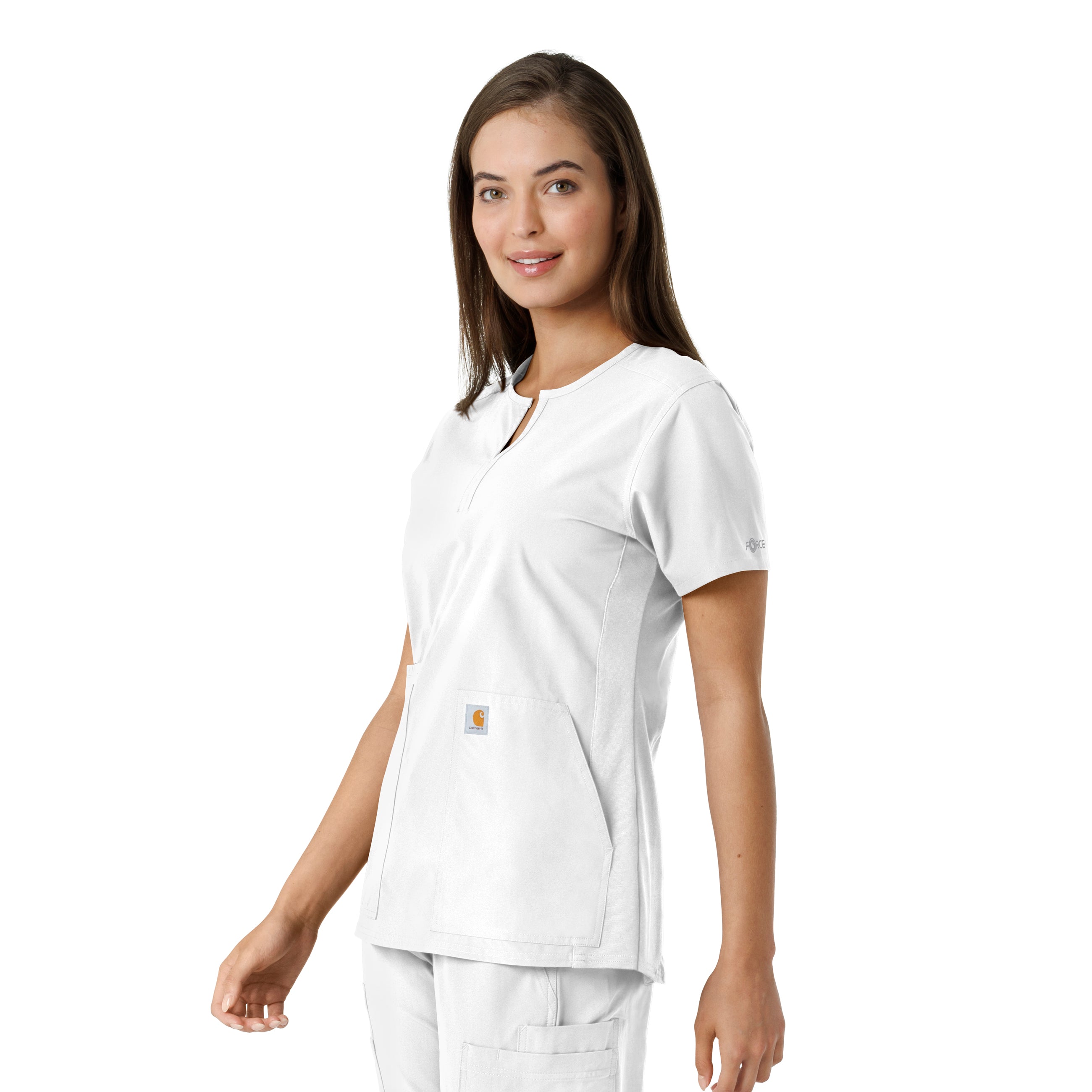 Force Essentials C12413 Notch Neck Tunic Knit Panel Scrub Top White