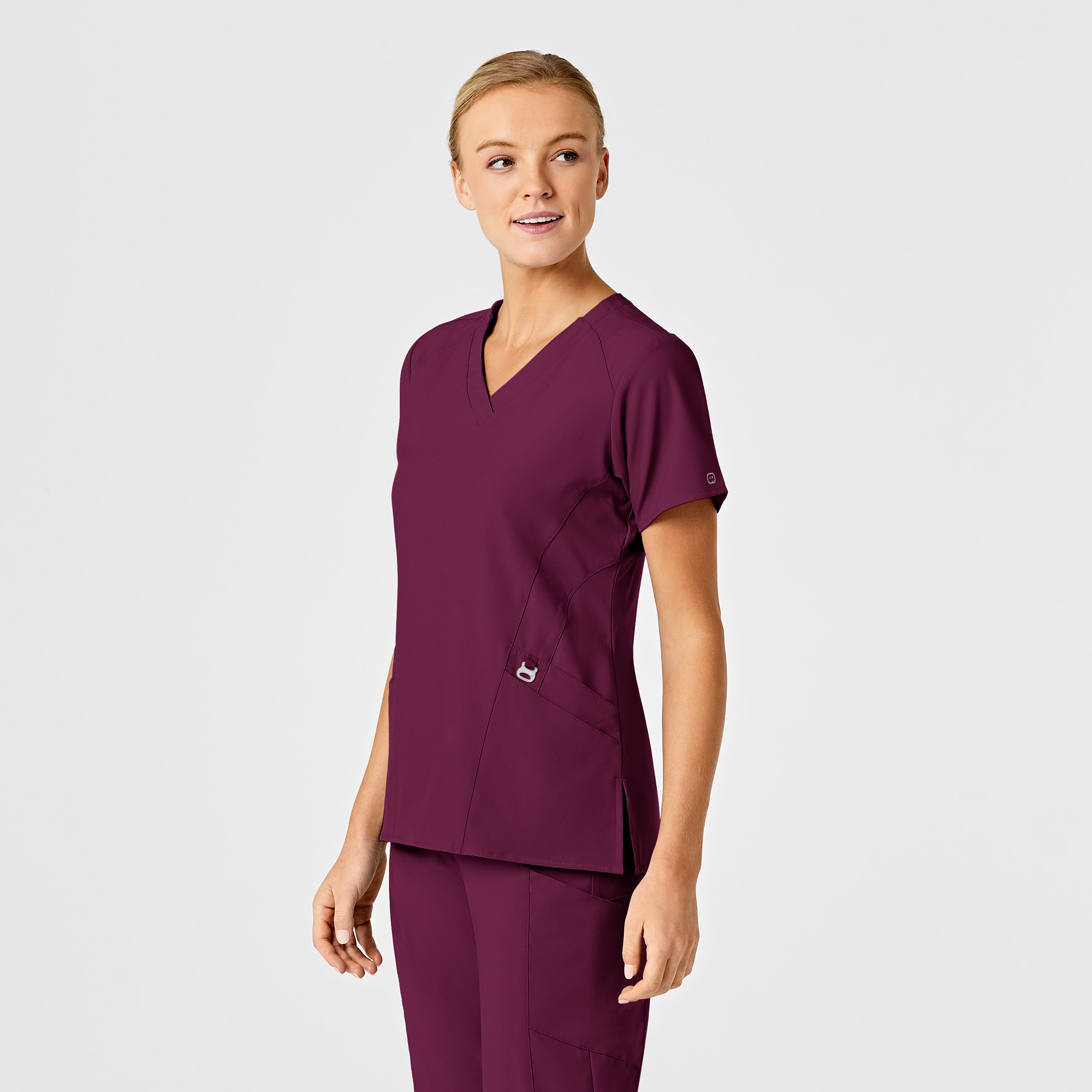 W123 6155 Stylized V-Neck Scrub Top Wine
