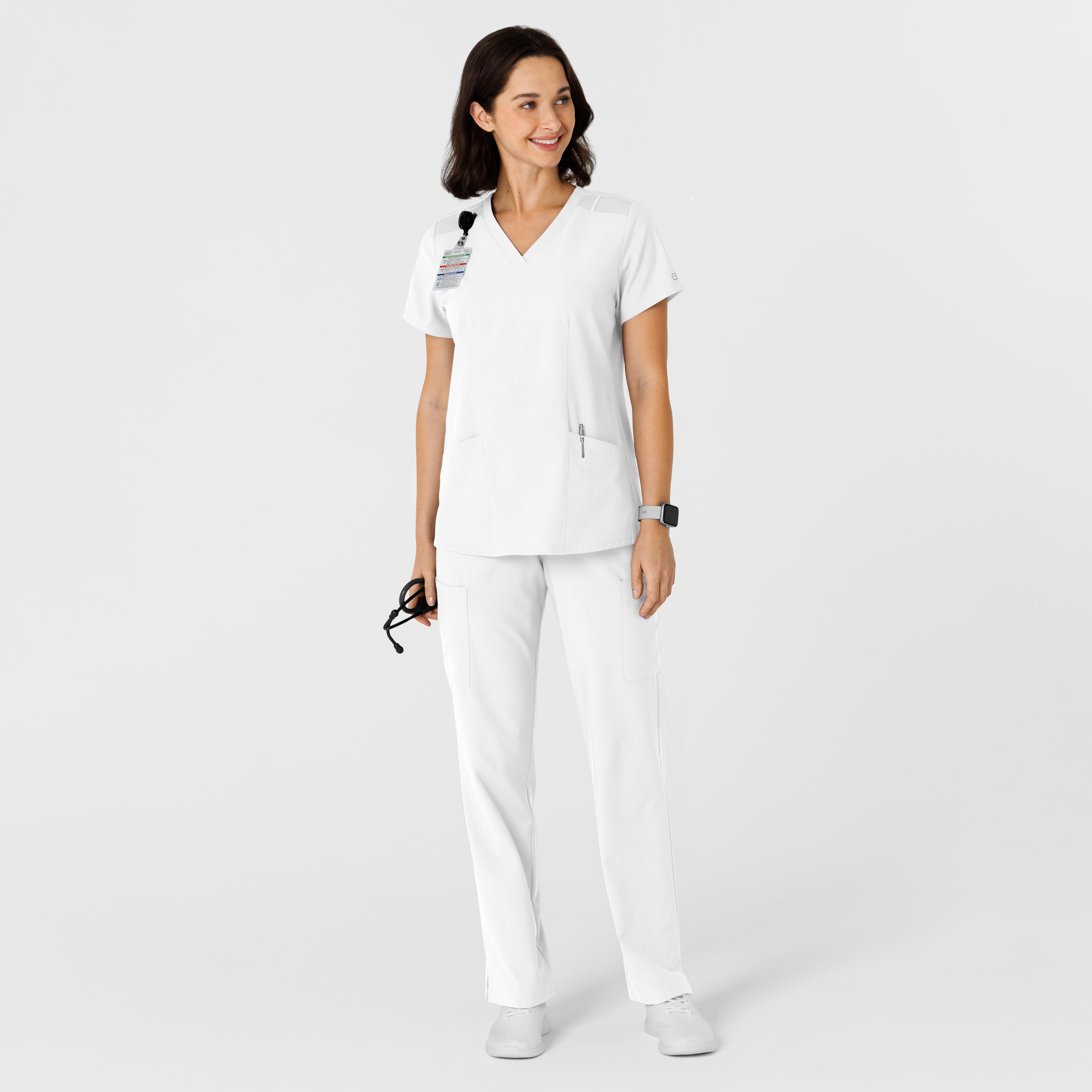 W123 6145 Flex-n-Reach Side Panel V-Neck Scrub Top White