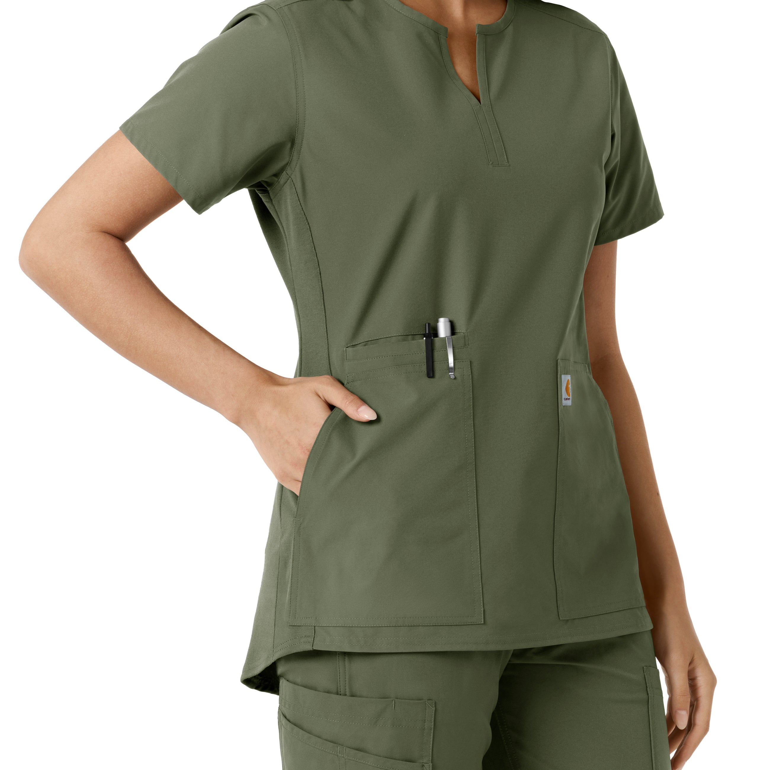 Force Essentials C12413 Notch Neck Tunic Knit Panel Scrub Top Olive
