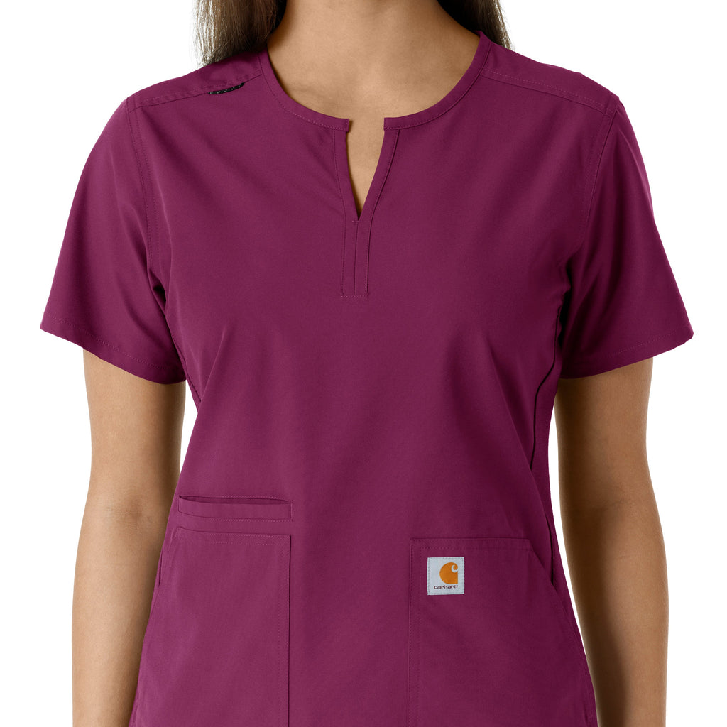 Force Essentials C12413 Notch Neck Tunic Knit Panel Scrub Top Wine