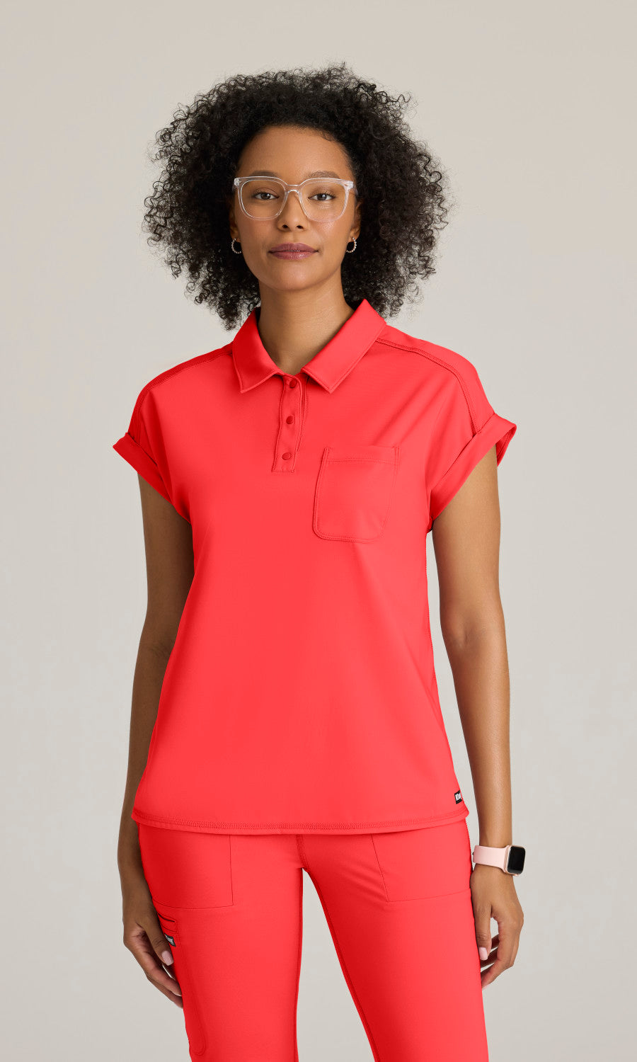 Grey's Anatomy Knits GRST254 Renew Knit Scrub Top Radiant Coral