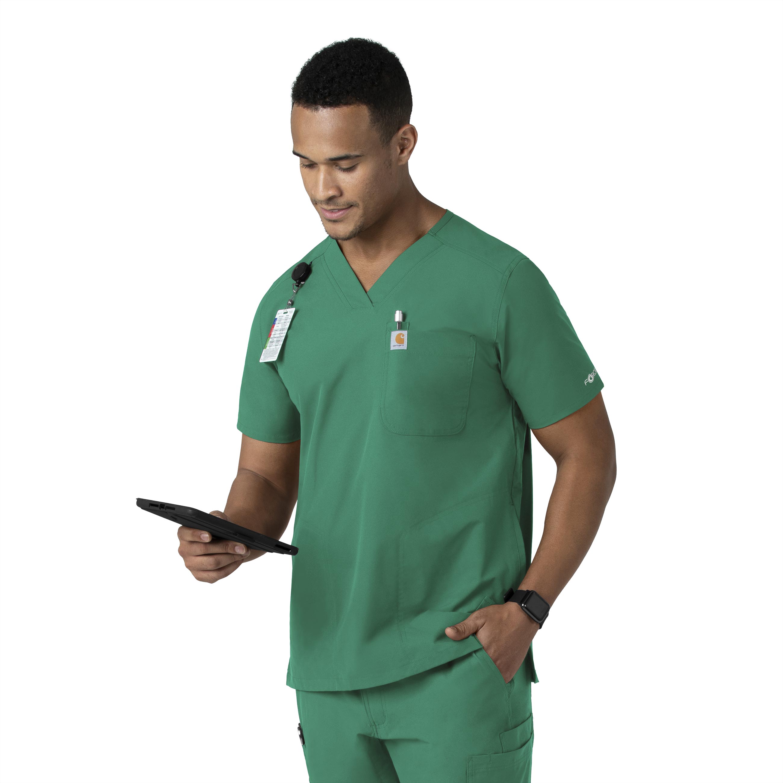 Force Essentials C16113 Men's V-Neck Shirttail Scrub Top Hunter