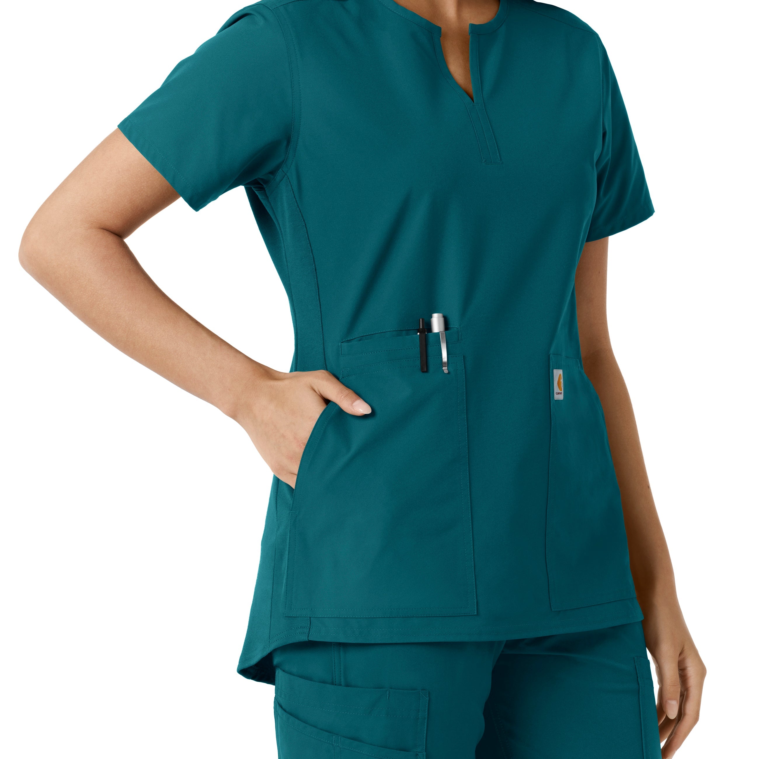 Force Essentials C12413 Notch Neck Tunic Knit Panel Scrub Top Caribbean