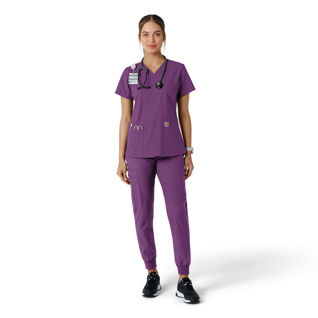Force Essentials C12313 V-Neck Knit Panel Scrub Top Eggplant