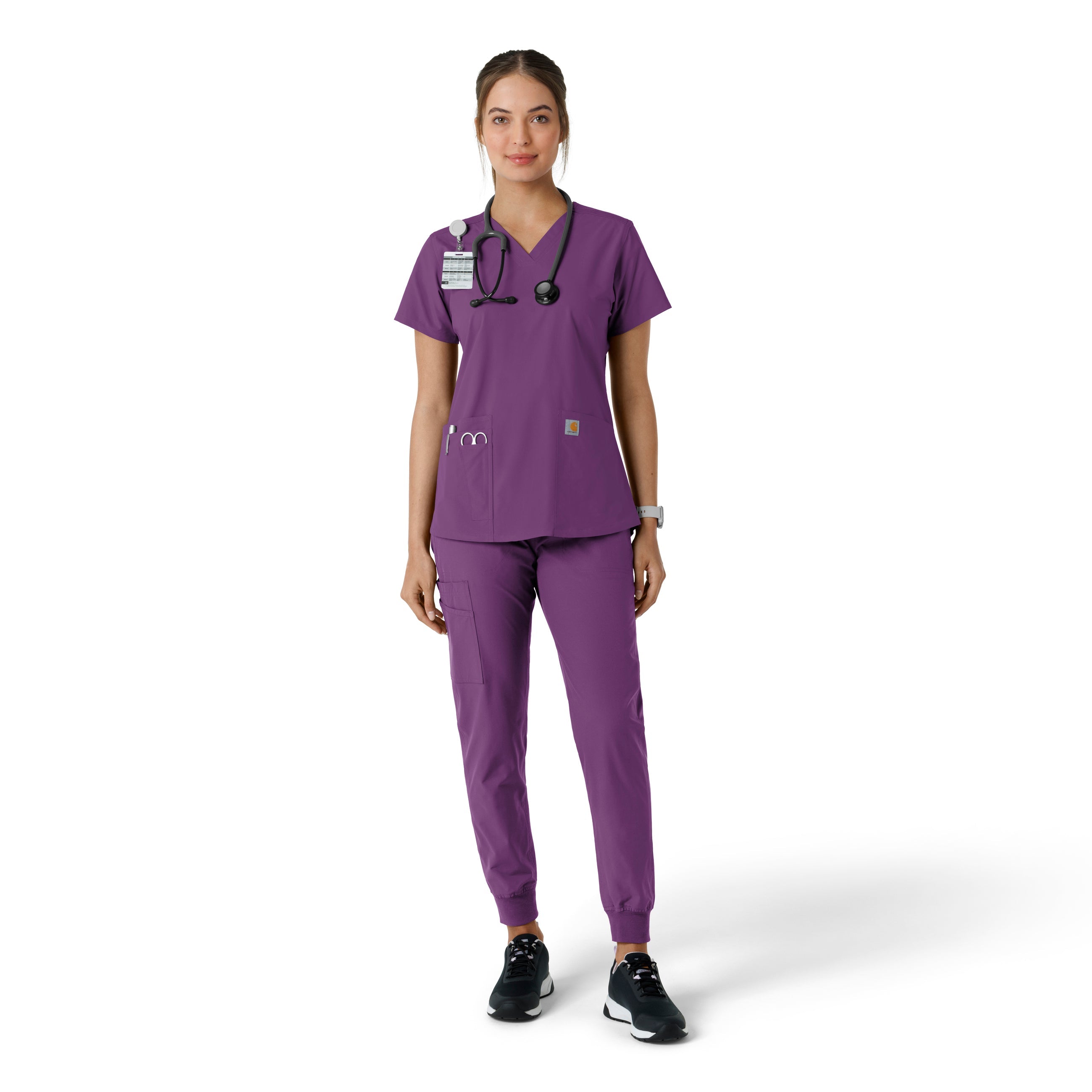 Force Essentials C12313 V-Neck Knit Panel Scrub Top Eggplant
