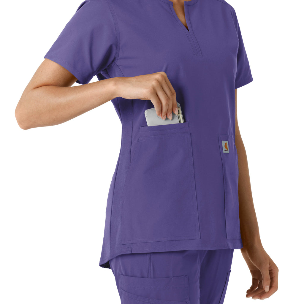 Force Essentials C12413 Notch Neck Tunic Knit Panel Scrub Top Grape