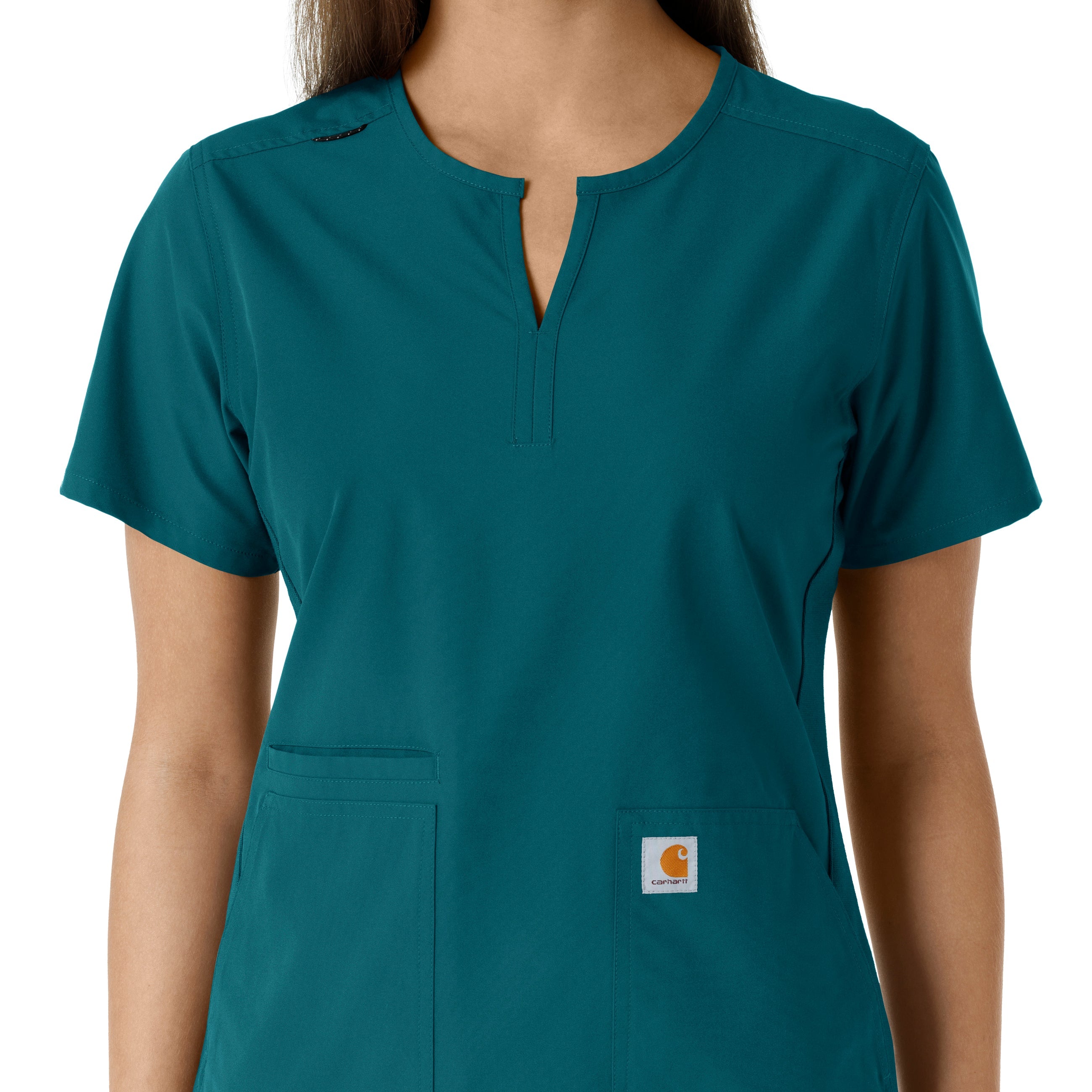 Force Essentials C12413 Notch Neck Tunic Knit Panel Scrub Top Caribbean