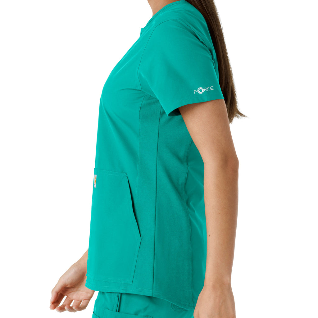 Force Essentials C12413 Notch Neck Tunic Knit Panel Scrub Top Teal