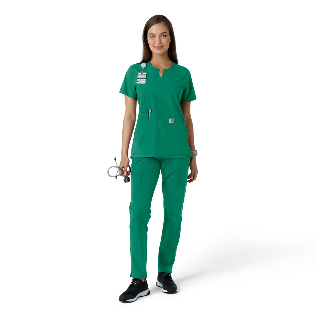 Force Essentials C12413 Notch Neck Tunic Knit Panel Scrub Top Hunter