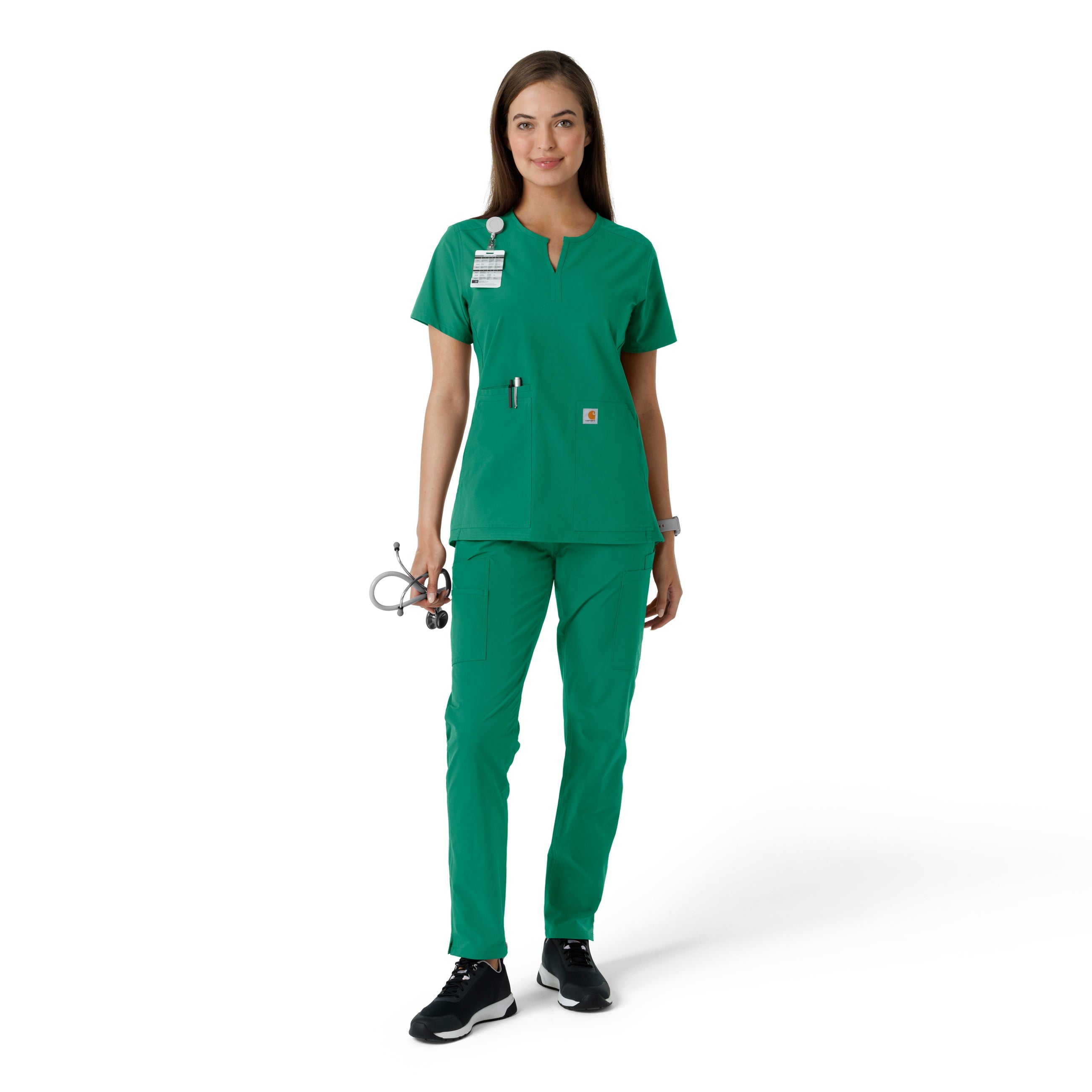 Force Essentials C12413 Notch Neck Tunic Knit Panel Scrub Top Hunter