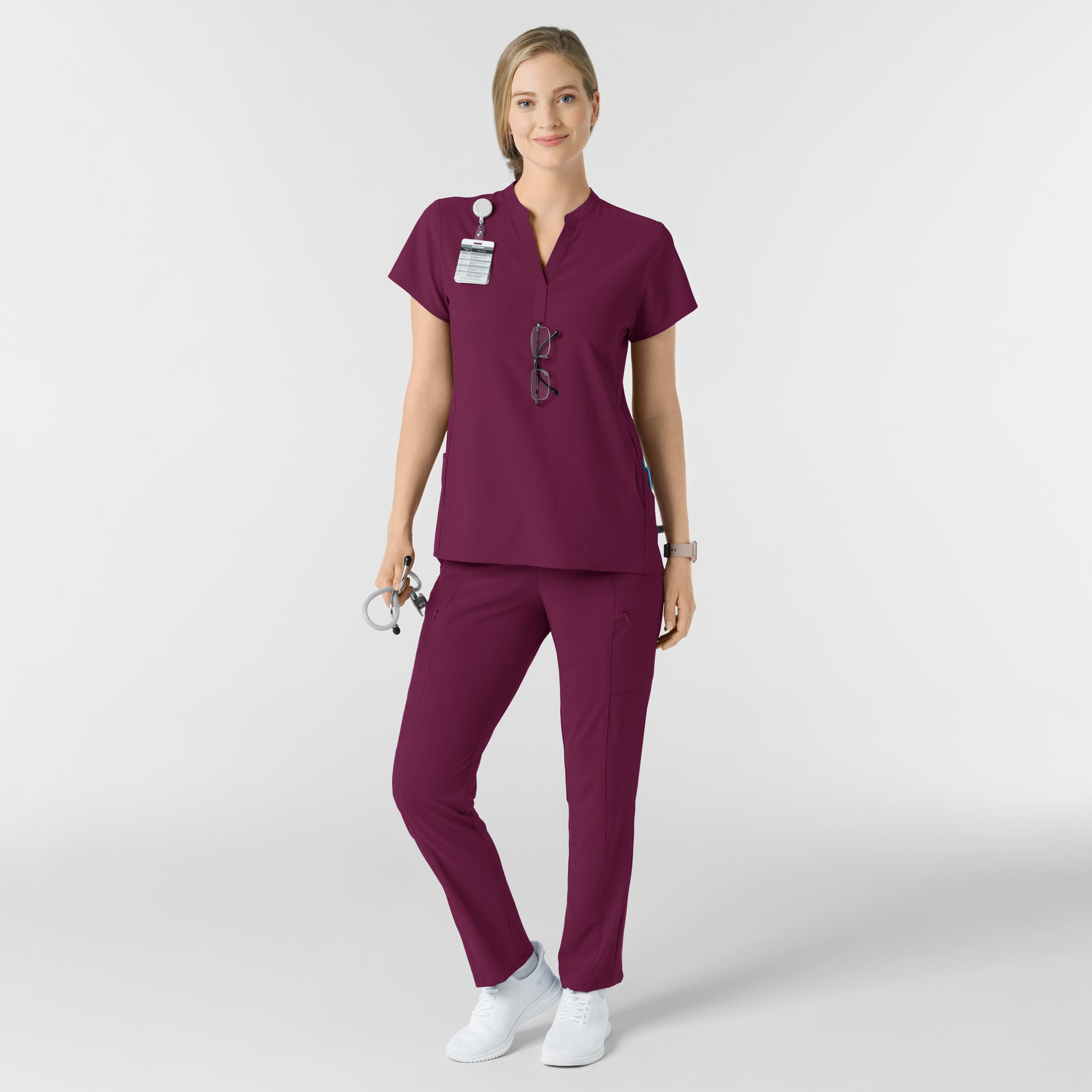RENEW 6734 Mandarin Collar Scrub Top Wine