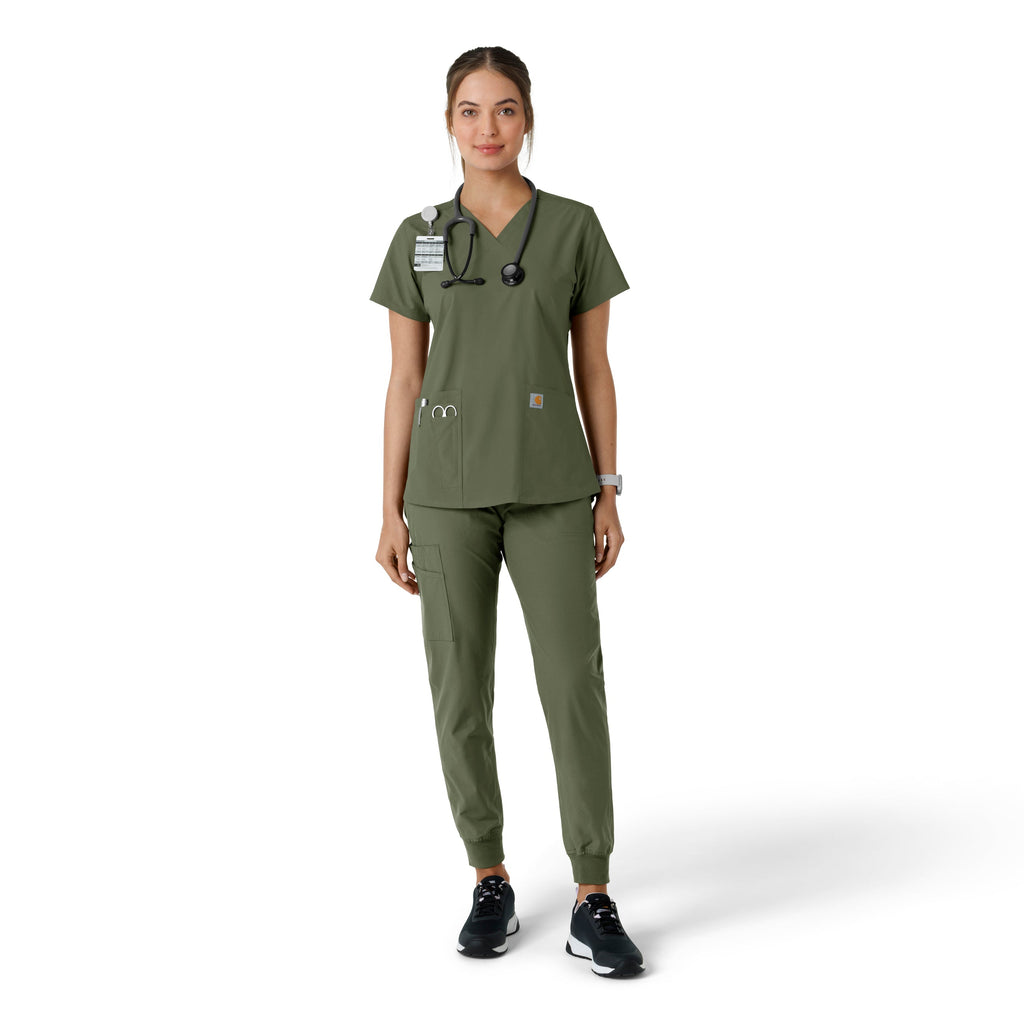 Force Essentials C12313 V-Neck Knit Panel Scrub Top Olive