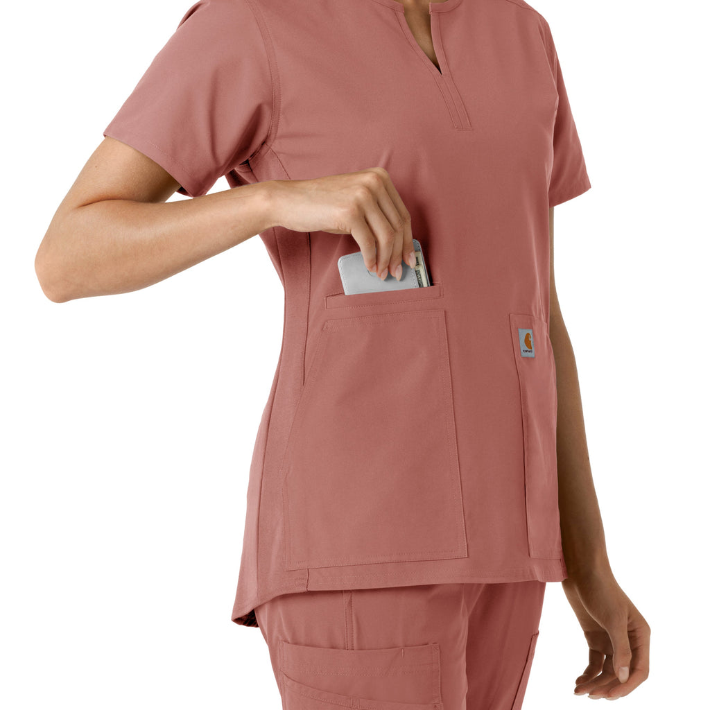Force Essentials C12413 Notch Neck Tunic Knit Panel Scrub Top Wildrose