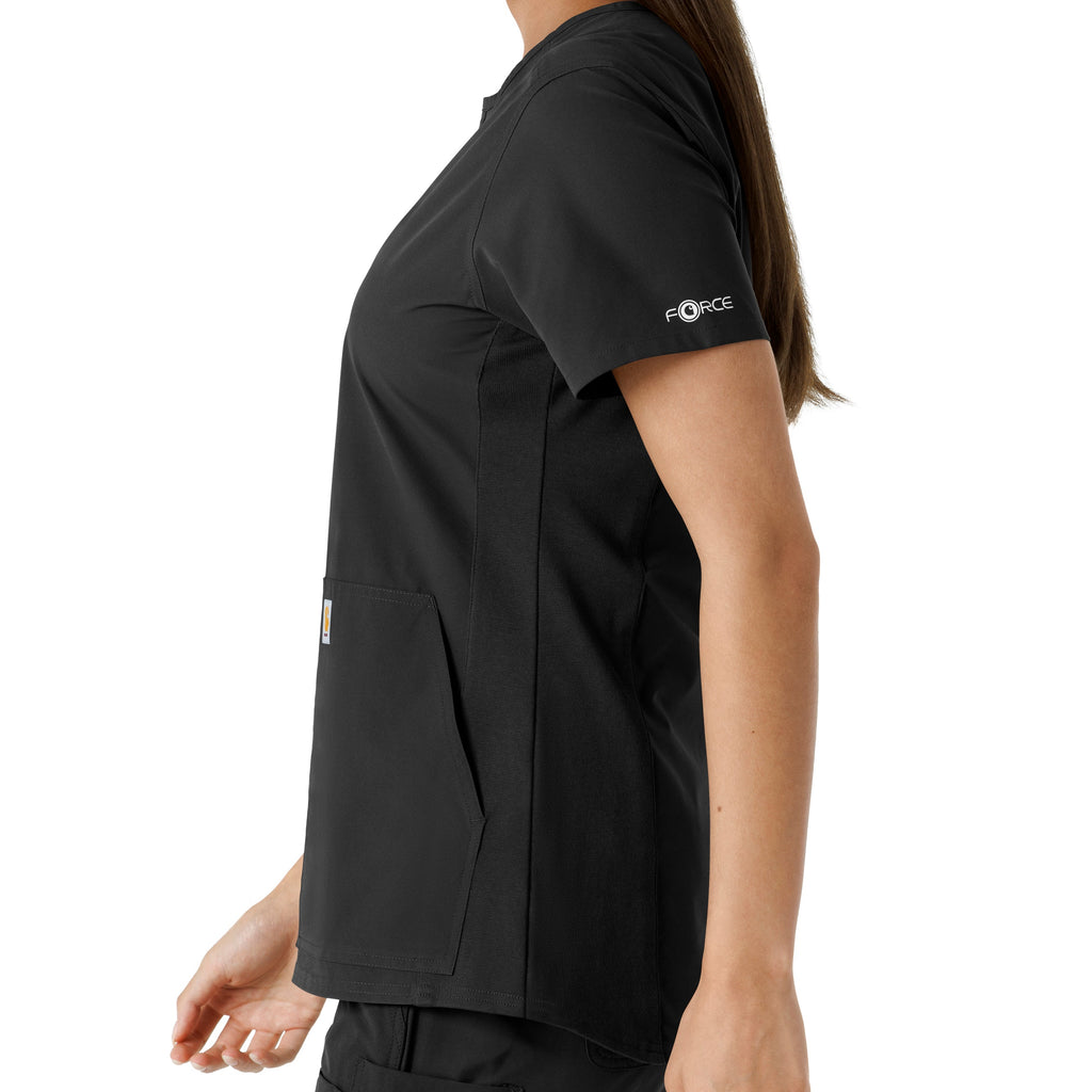 Force Essentials C12413 Notch Neck Tunic Knit Panel Scrub Top Black