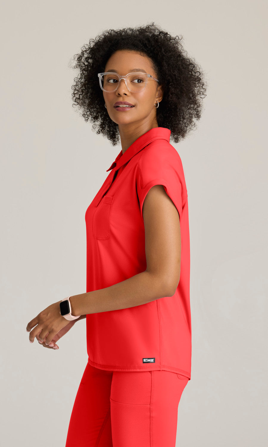 Grey's Anatomy Knits GRST254 Renew Knit Scrub Top Radiant Coral