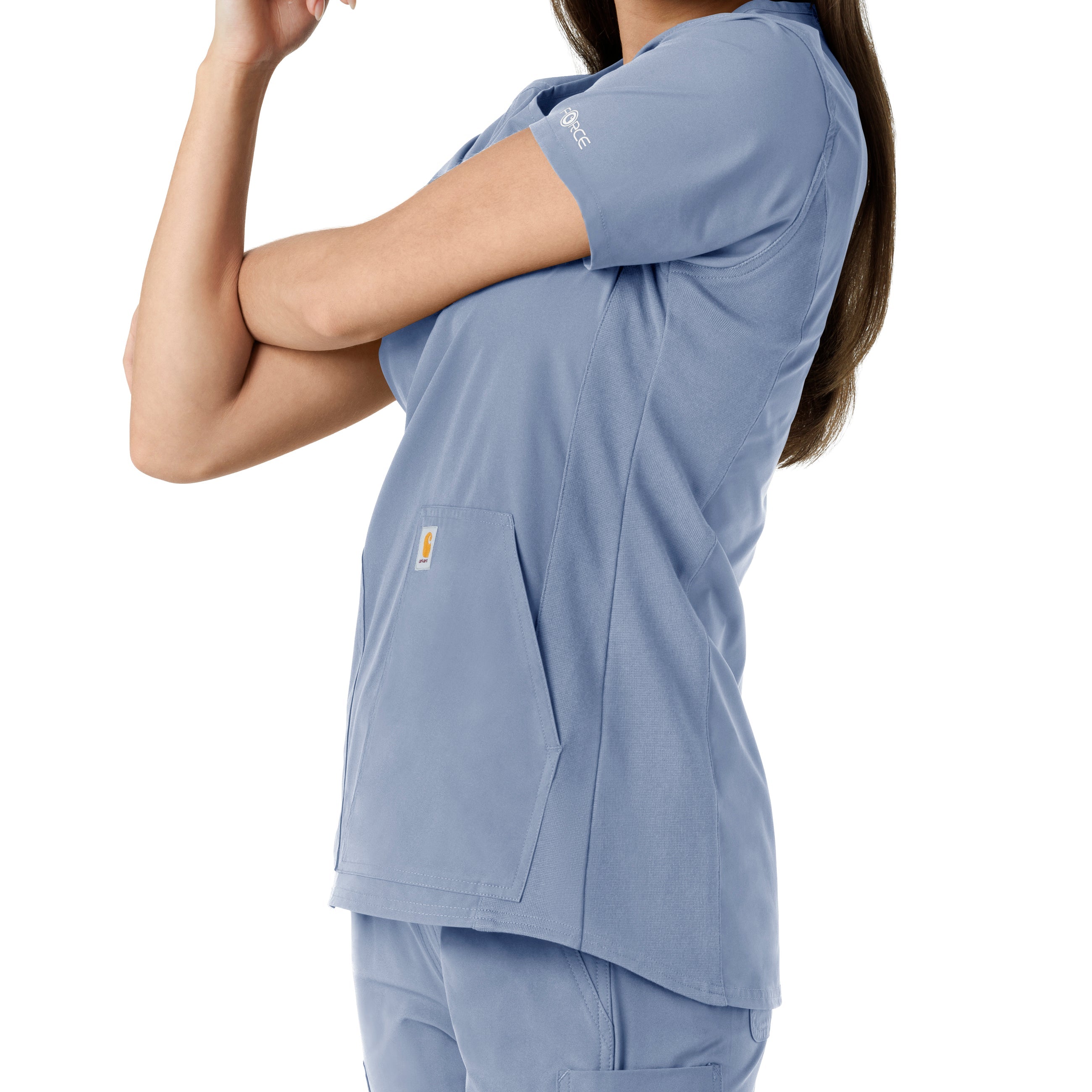 Force Essentials C12413 Notch Neck Tunic Knit Panel Scrub Top Ceil Blue