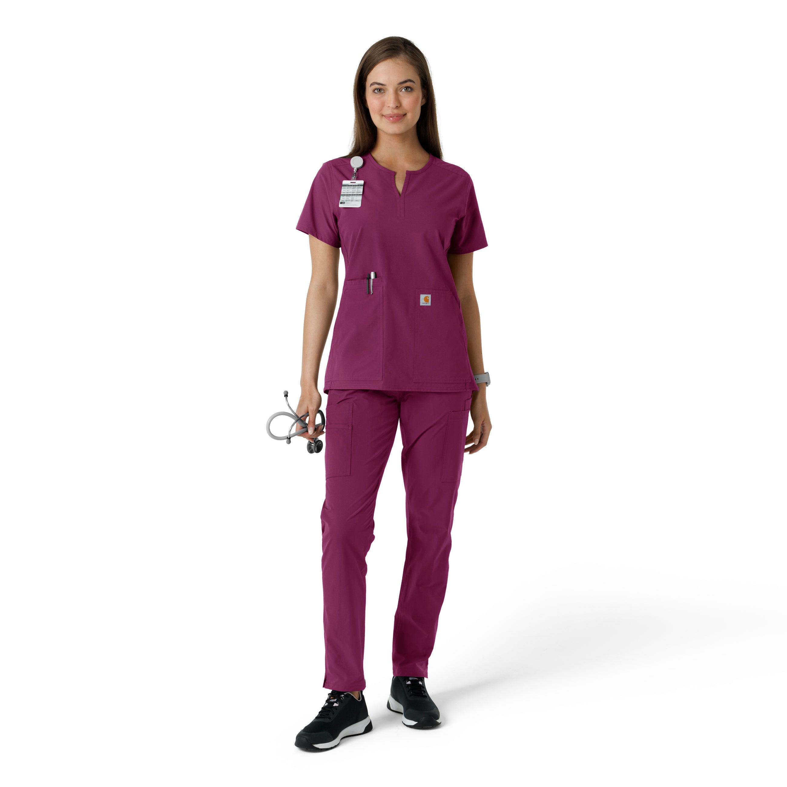 Force Essentials C12413 Notch Neck Tunic Knit Panel Scrub Top Wine