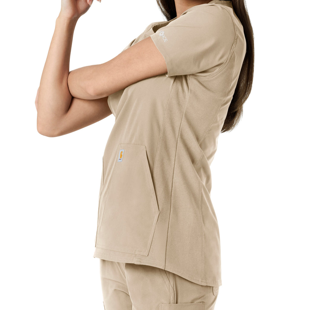 Force Essentials C12413 Notch Neck Tunic Knit Panel Scrub Top Khaki