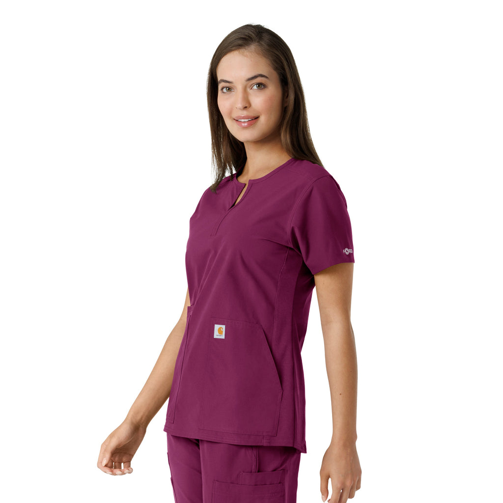 Force Essentials C12413 Notch Neck Tunic Knit Panel Scrub Top Wine