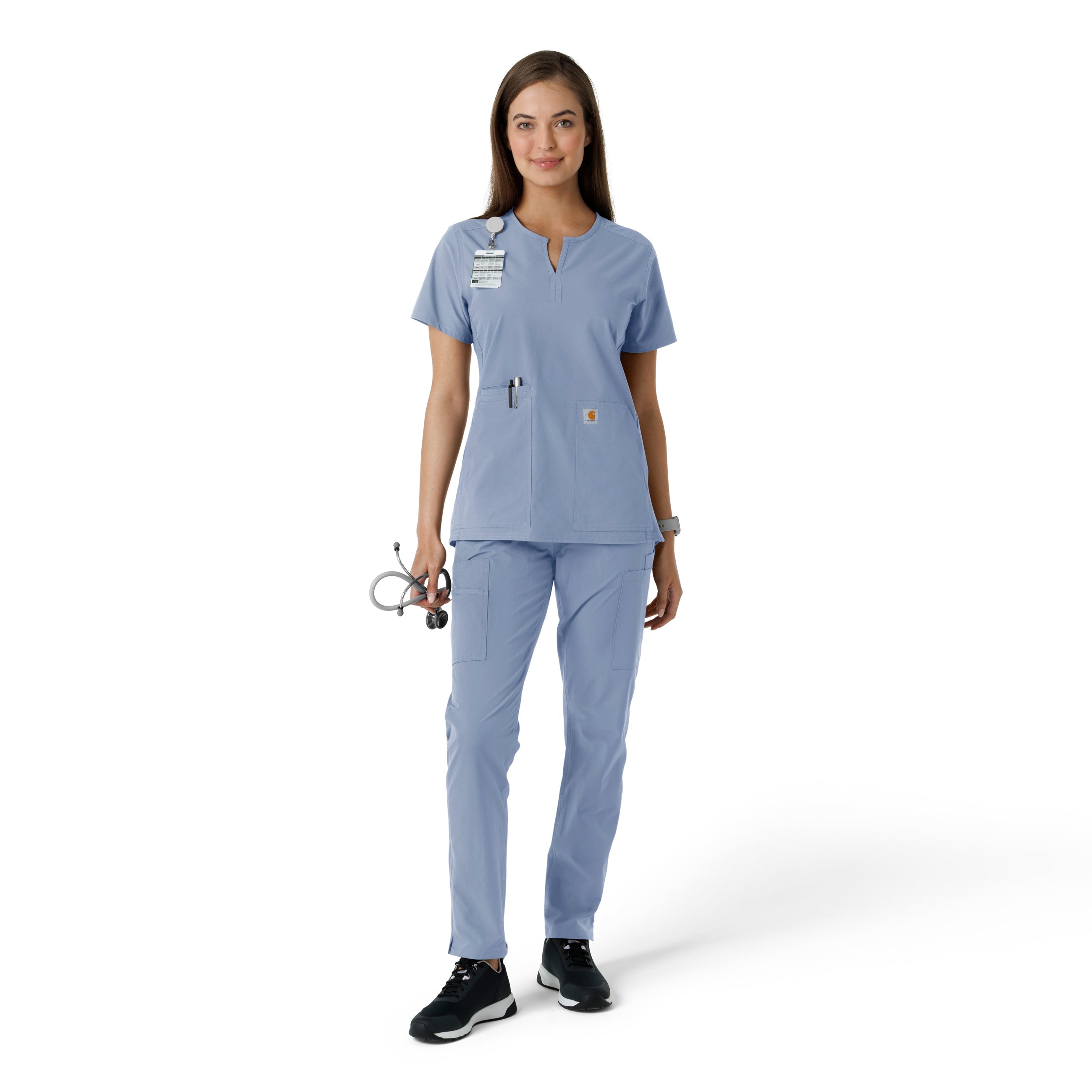 Force Essentials C12413 Notch Neck Tunic Knit Panel Scrub Top Ceil Blue