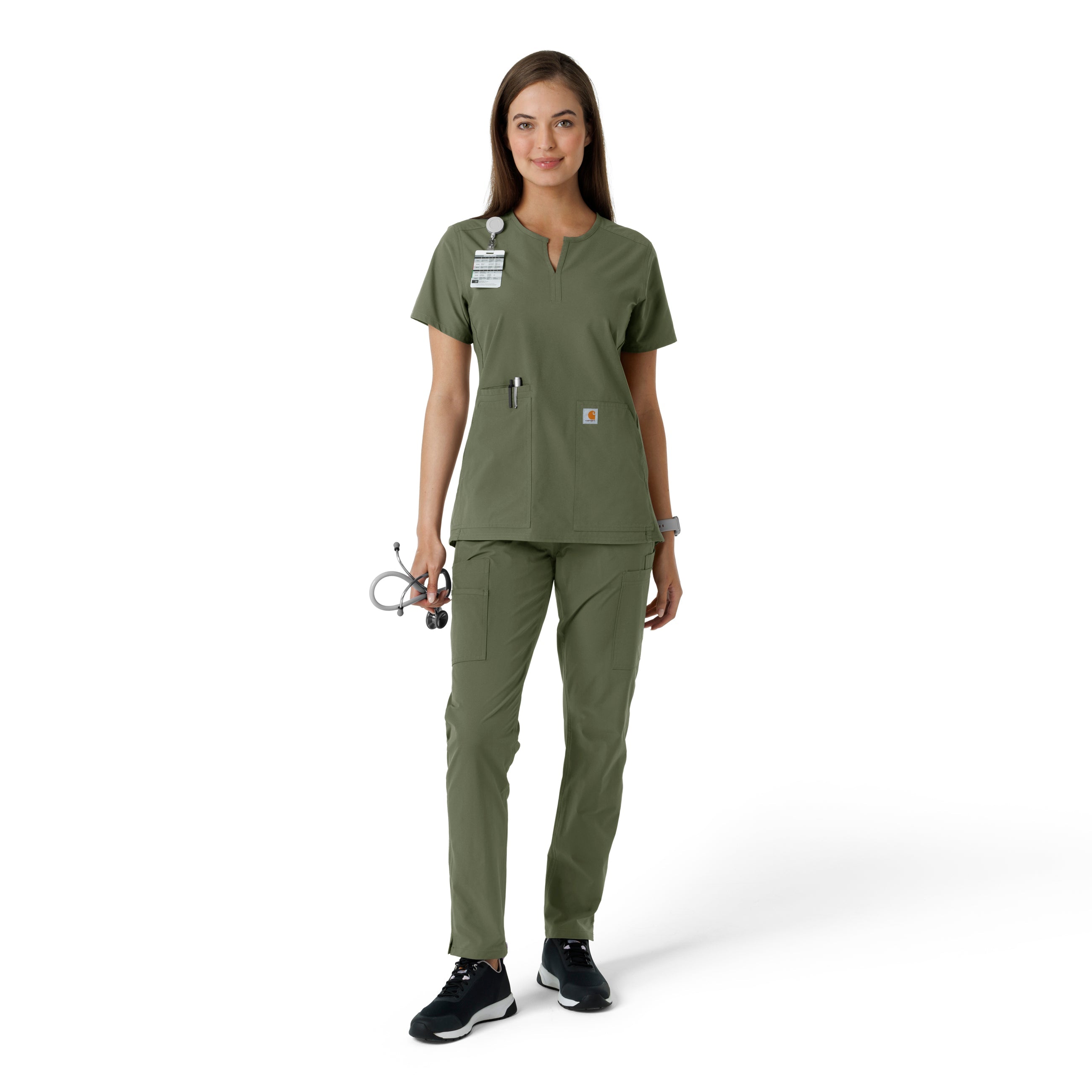 Force Essentials C12413 Notch Neck Tunic Knit Panel Scrub Top Olive