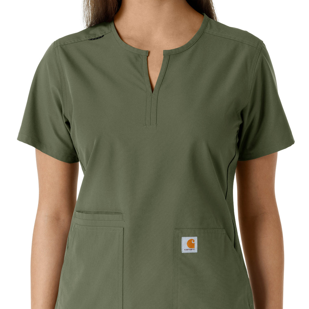 Force Essentials C12413 Notch Neck Tunic Knit Panel Scrub Top Olive