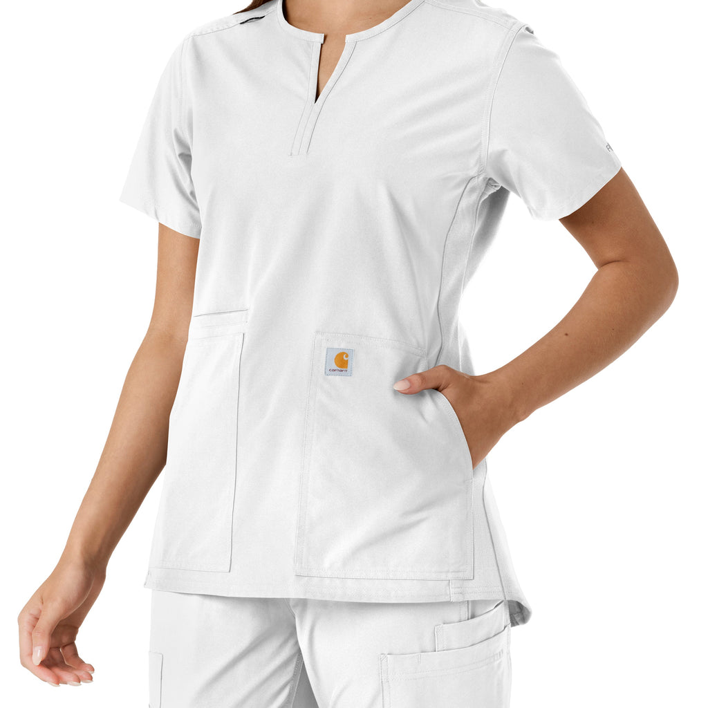 Force Essentials C12413 Notch Neck Tunic Knit Panel Scrub Top White