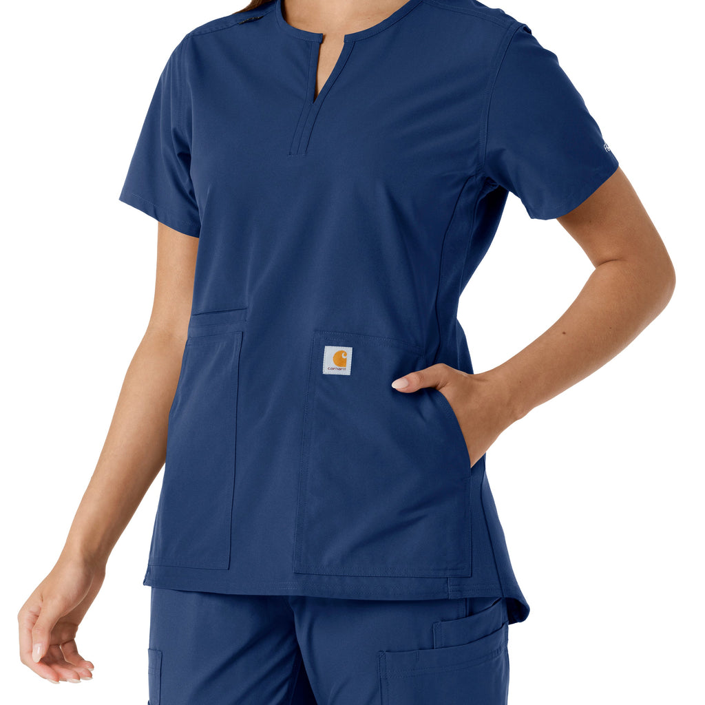 Force Essentials C12413 Notch Neck Tunic Knit Panel Scrub Top Navy