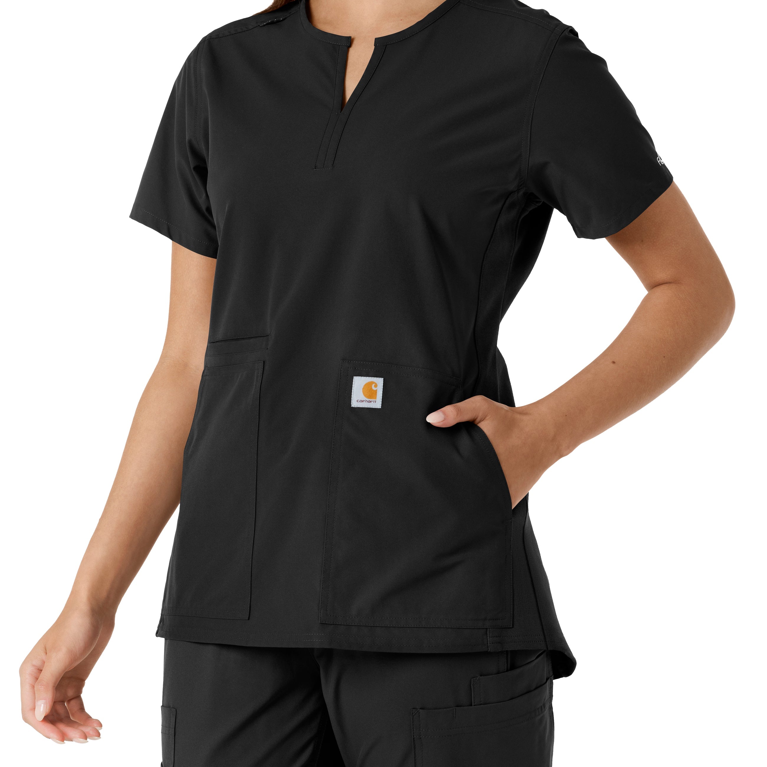Force Essentials C12413 Notch Neck Tunic Knit Panel Scrub Top Black