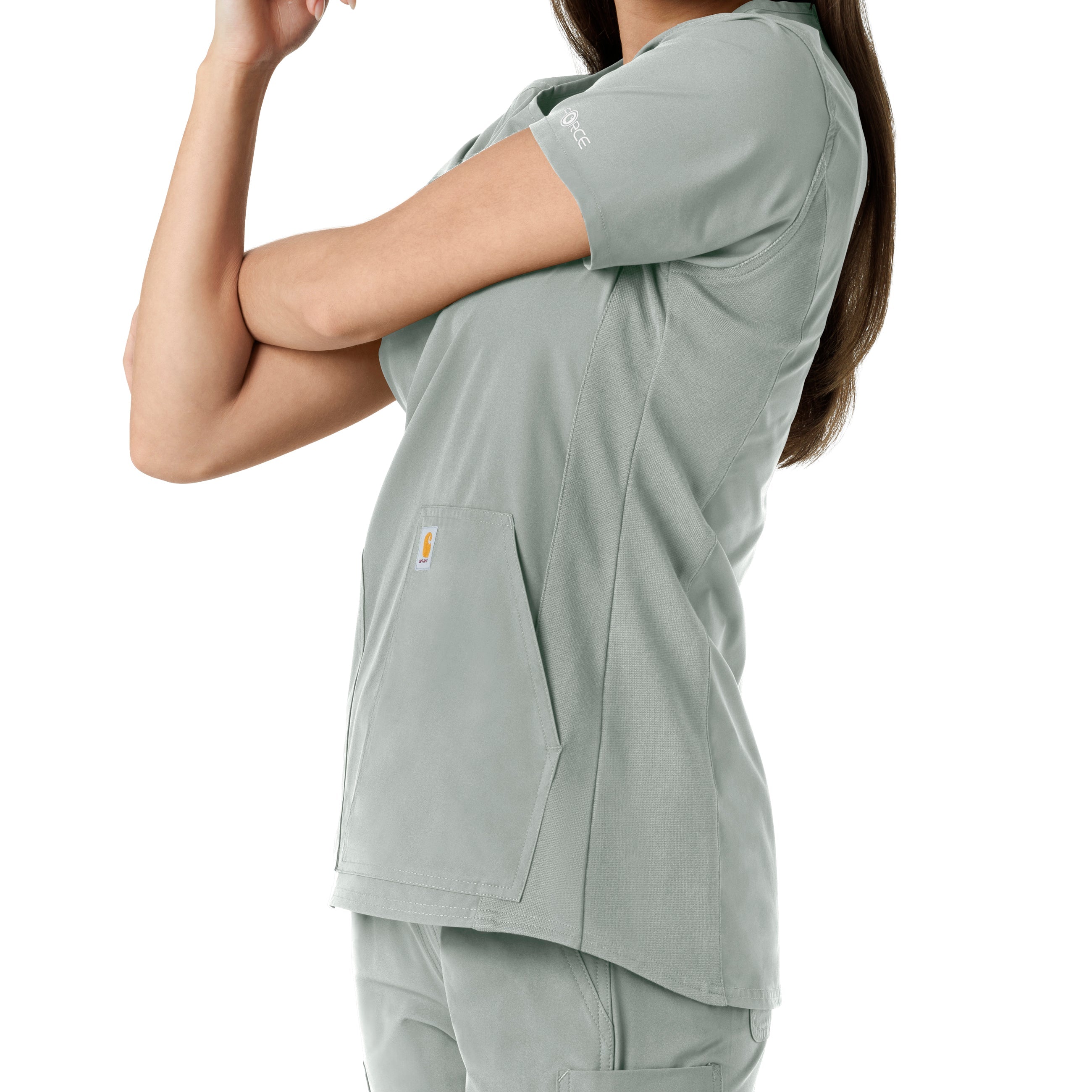 Force Essentials C12413 Notch Neck Tunic Knit Panel Scrub Top Grey