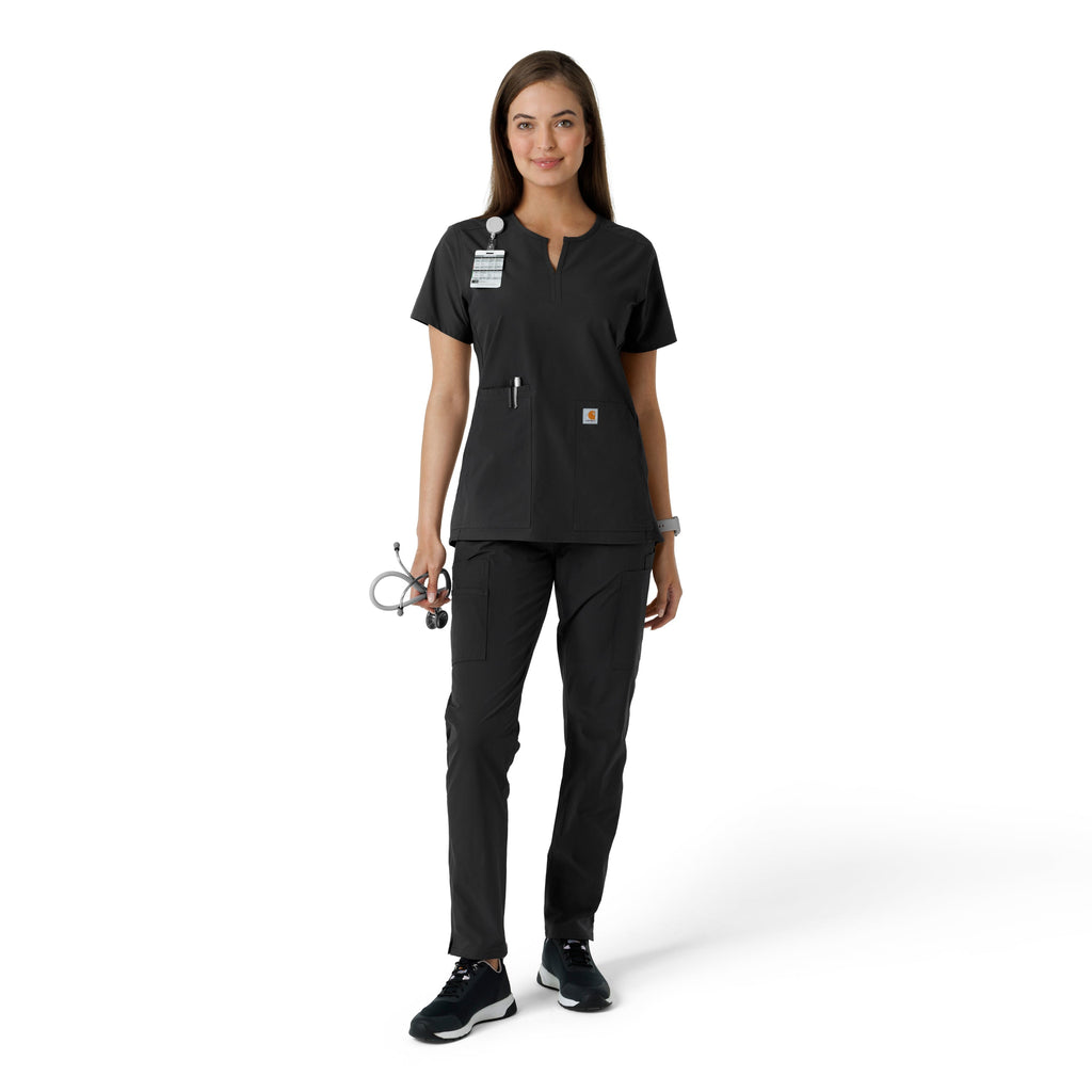 Force Essentials C12413 Notch Neck Tunic Knit Panel Scrub Top Black