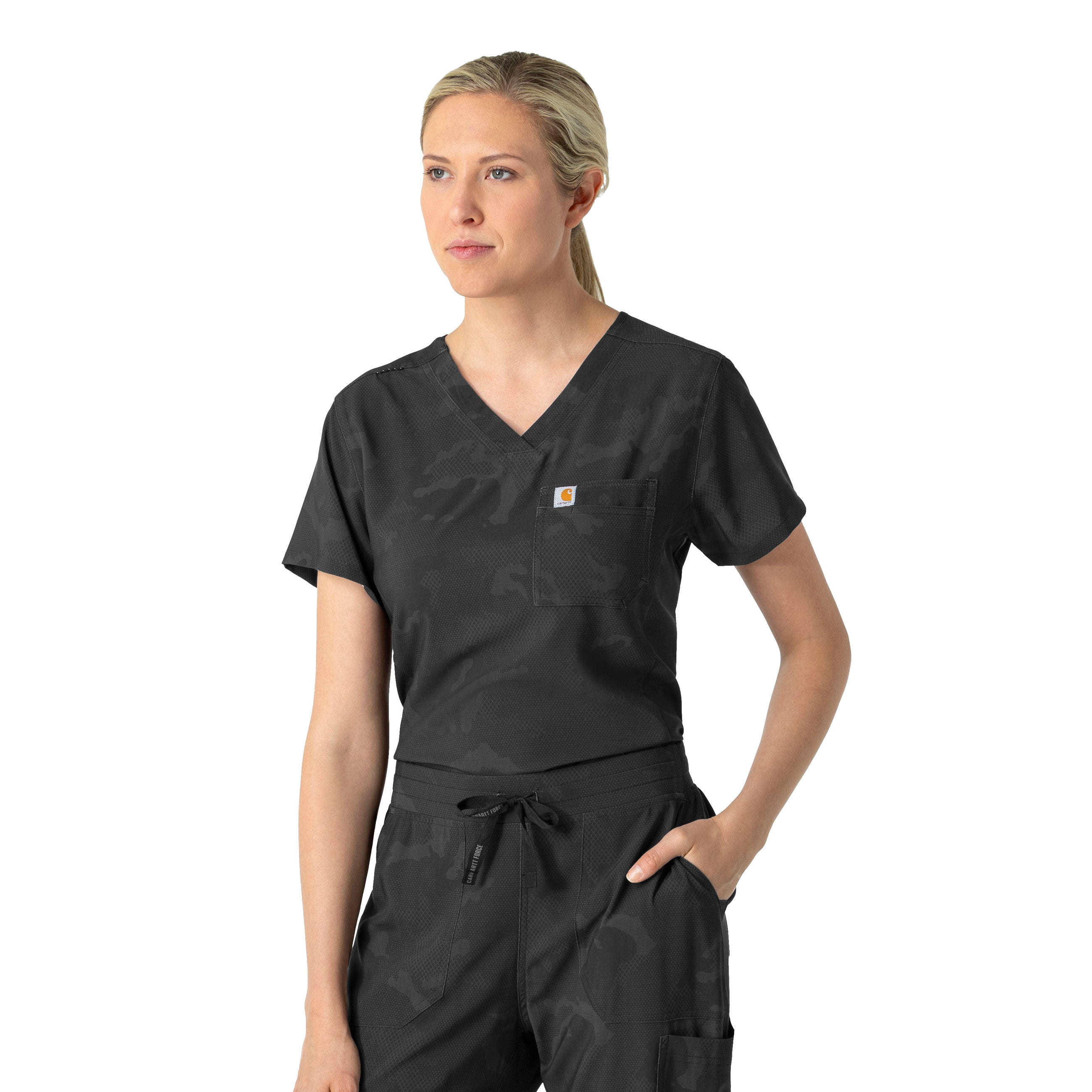 Carhartt Prints C13024 Women's Tuck-In Print Scrub Top Caring Camo Black