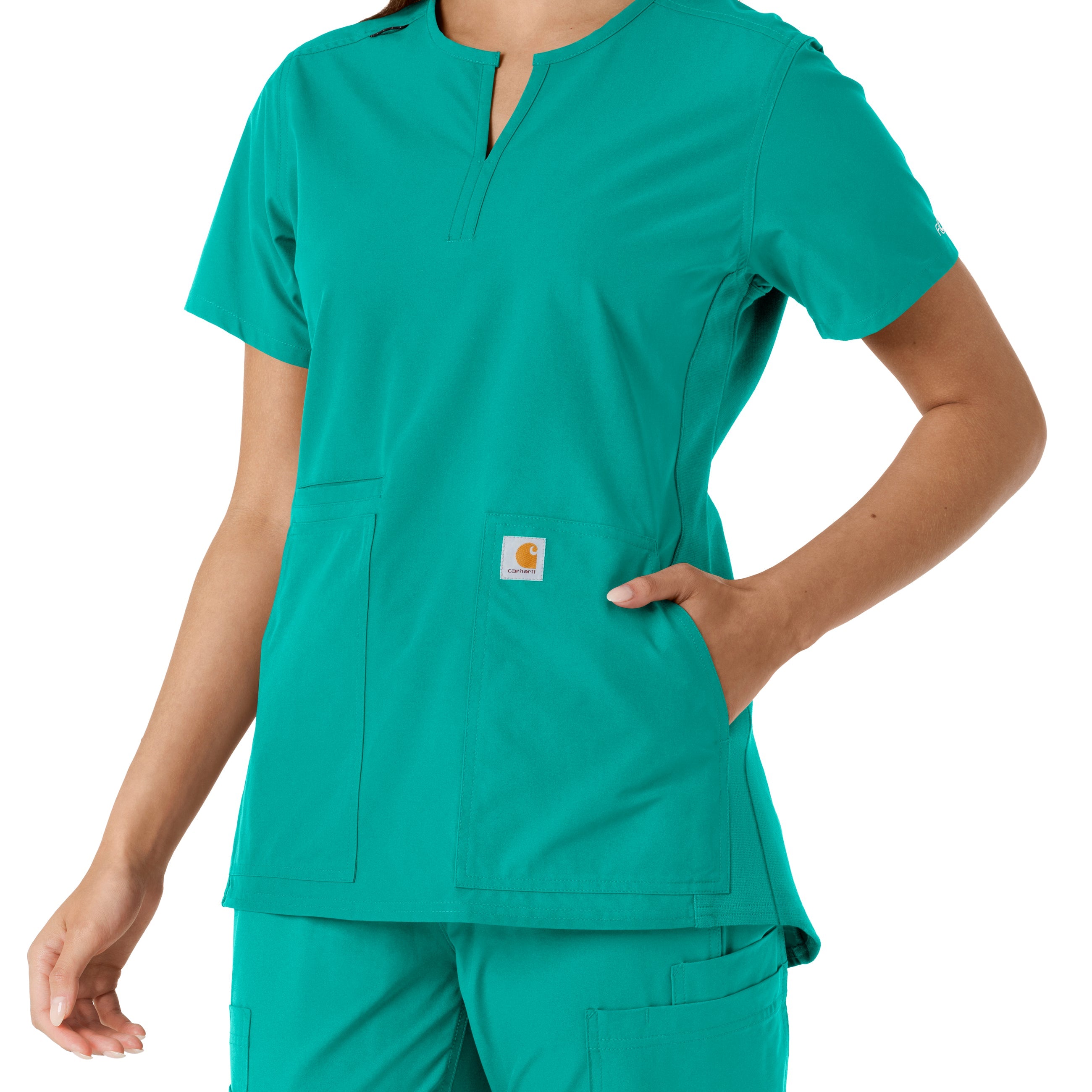 Force Essentials C12413 Notch Neck Tunic Knit Panel Scrub Top Teal