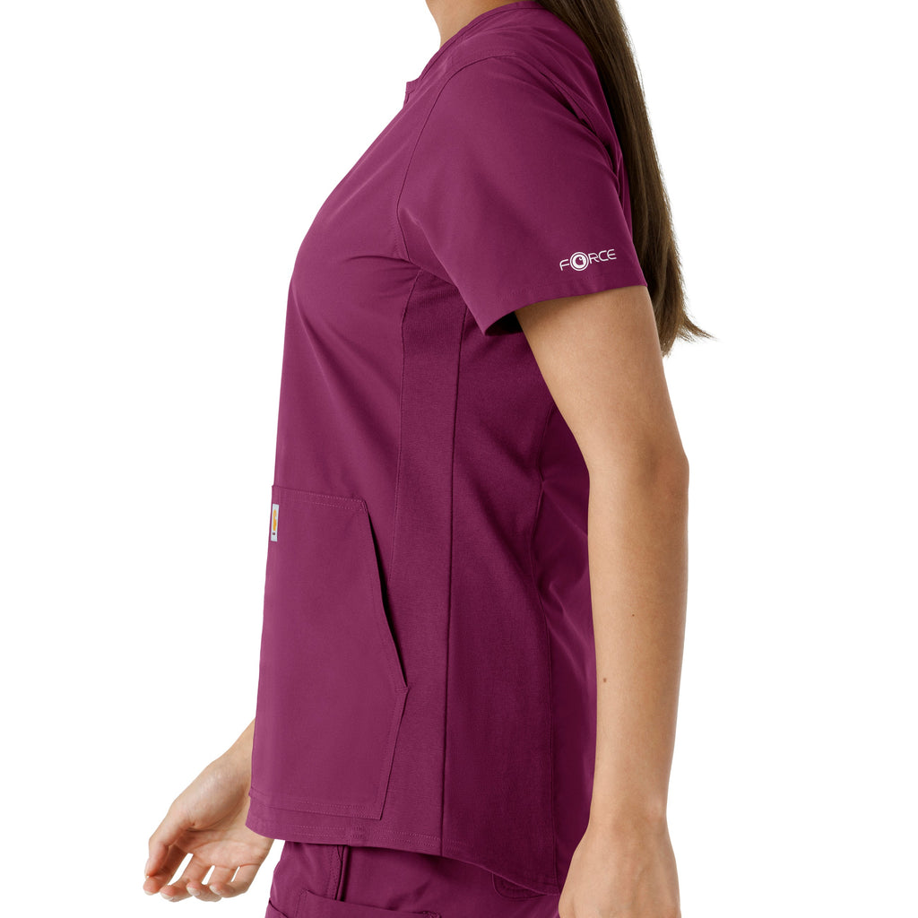 Force Essentials C12413 Notch Neck Tunic Knit Panel Scrub Top Wine
