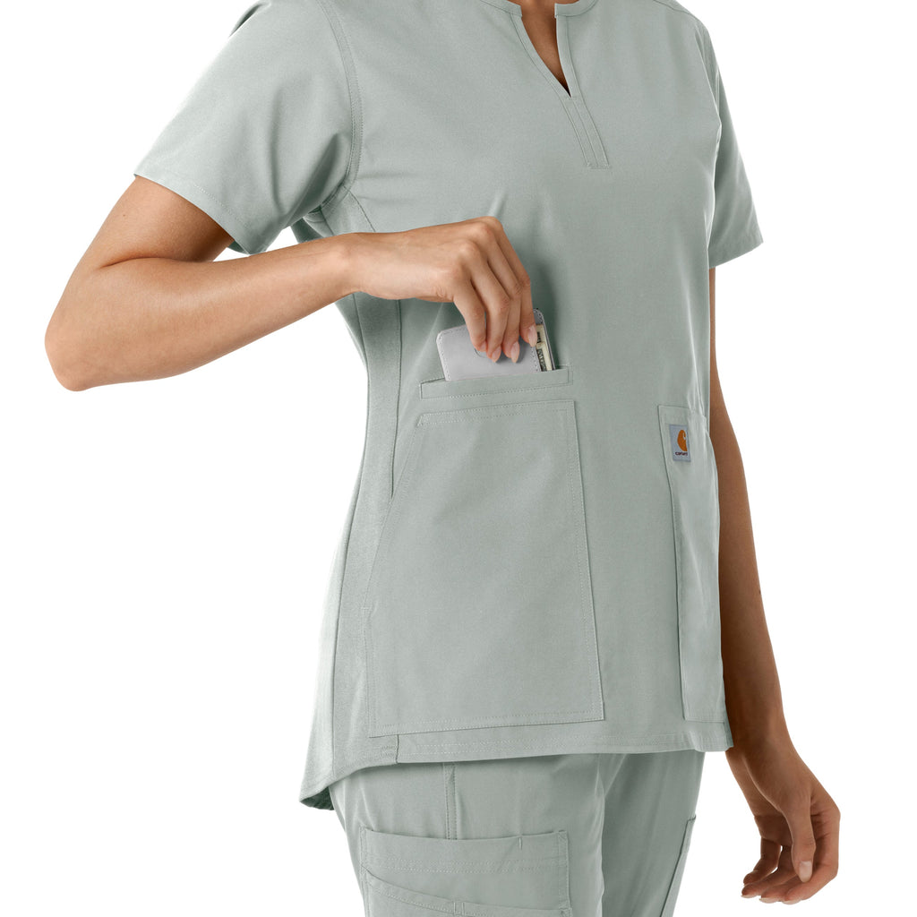 Force Essentials C12413 Notch Neck Tunic Knit Panel Scrub Top Grey