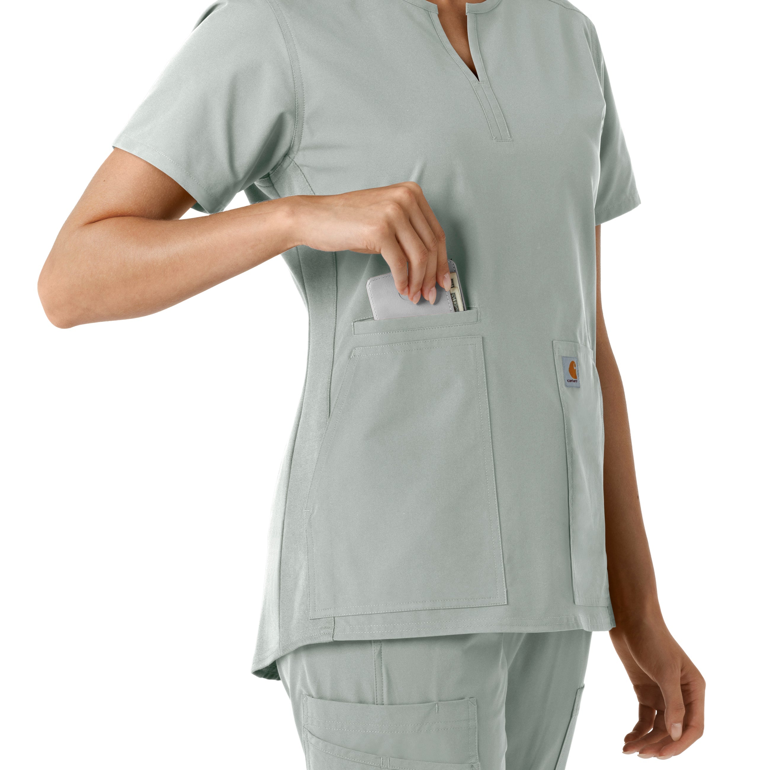 Force Essentials C12413 Notch Neck Tunic Knit Panel Scrub Top Grey