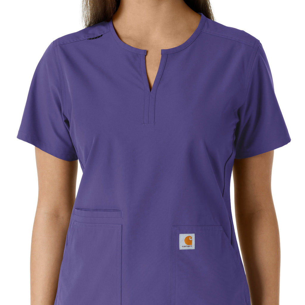 Force Essentials C12413 Notch Neck Tunic Knit Panel Scrub Top Grape