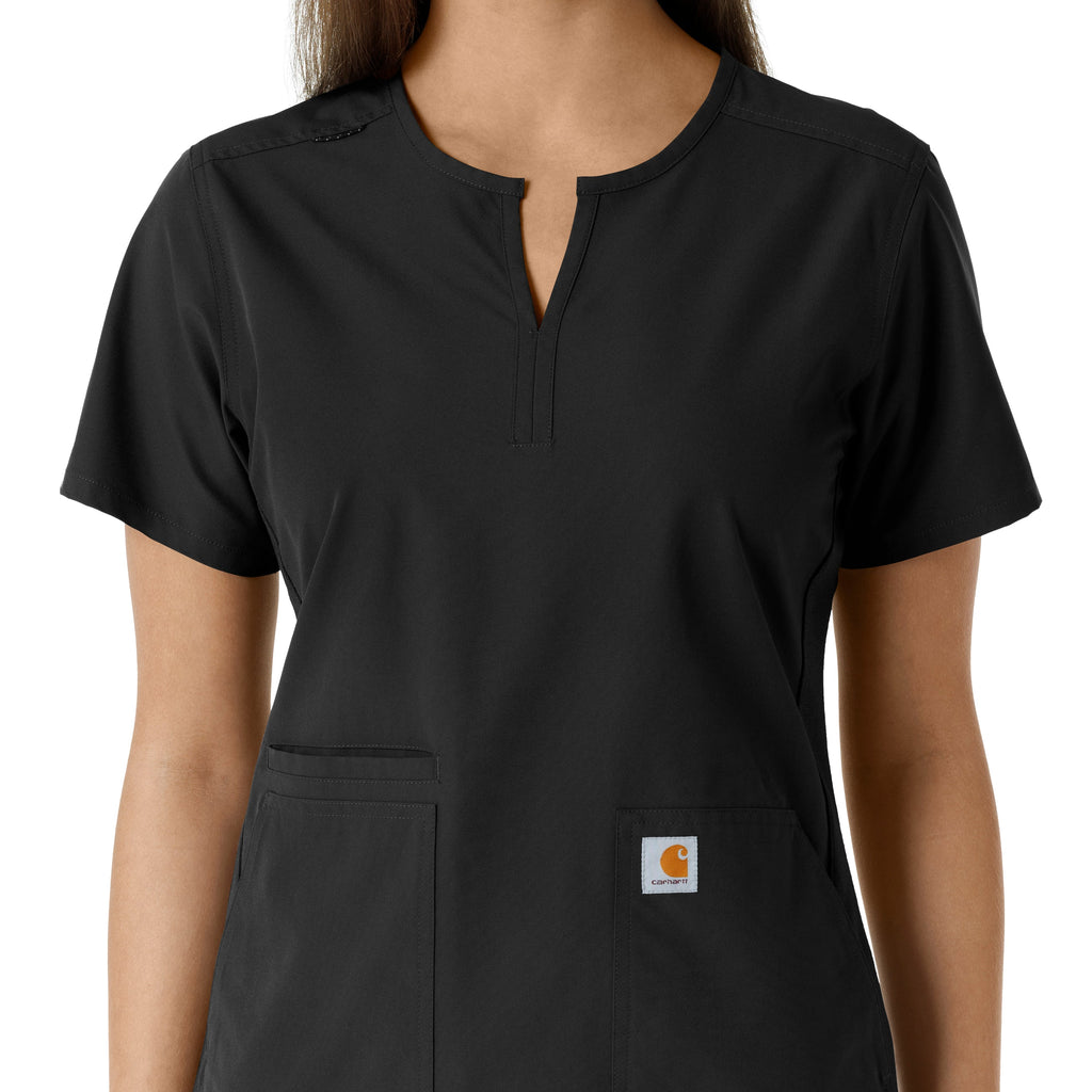 Force Essentials C12413 Notch Neck Tunic Knit Panel Scrub Top Black