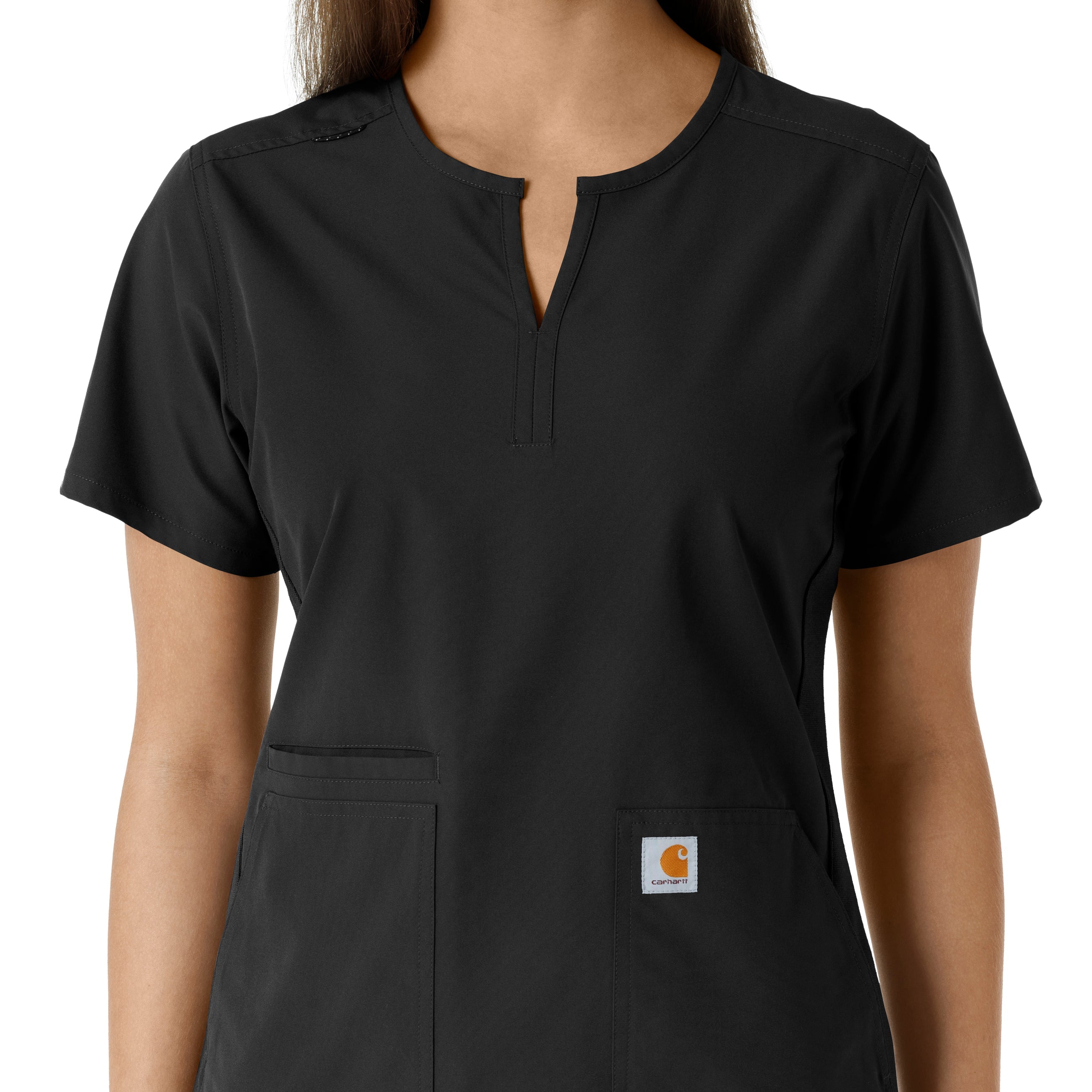 Force Essentials C12413 Notch Neck Tunic Knit Panel Scrub Top Black