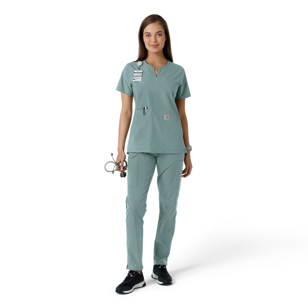 Force Essentials C12413 Notch Neck Tunic Knit Panel Scrub Top Summer Blue